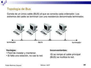 Módulo: AIOT  Pablo Martínez Gayoso Topología de Bus   Consta de un único cable (BUS) al que se conecta cada ordenador. Los extremos del cable se terminan con una resistencia denominada terminador. Ventajas: Fácil de instalar y mantener. Si falla una estación, no cae la red. Inconvenientes: Si se rompe el cable principal (BUS) se inutiliza la red. 