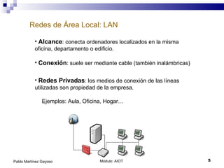 Redes de Área Local: LAN Módulo: AIOT  Pablo Martínez Gayoso Alcance : conecta ordenadores localizados en la misma oficina, departamento o edificio. Conexión : suele ser mediante cable (también inalámbricas) Redes Privadas : los medios de conexión de las líneas utilizadas son propiedad de la empresa. Ejemplos: Aula, Oficina, Hogar… 