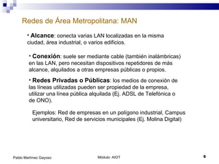 Módulo: AIOT  Pablo Martínez Gayoso Redes de Área Metropolitana: MAN Alcance : conecta varias LAN localizadas en la misma ciudad, área industrial, o varios edificios. Conexión : suele ser mediante cable (también inalámbricas) en las LAN, pero necesitan dispositivos repetidores de más alcance, alquilados a otras empresas públicas o propios. Redes Privadas o Públicas : los medios de conexión de las líneas utilizadas pueden ser propiedad de la empresa, utilizar una línea pública alquilada (Ej. ADSL de Telefónica o de ONO). Ejemplos: Red de empresas en un polígono industrial, Campus universitario, Red de servicios municipales (Ej. Molina Digital) 