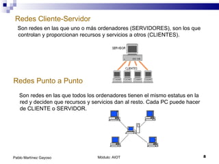 Redes Cliente-Servidor Son redes en las que uno o más ordenadores (SERVIDORES), son los que controlan y proporcionan recursos y servicios a otros (CLIENTES). Módulo: AIOT  Pablo Martínez Gayoso Redes Punto a Punto Son redes en las que todos los ordenadores tienen el mismo estatus en la red y deciden que recursos y servicios dan al resto. Cada PC puede hacer de CLIENTE o SERVIDOR. 