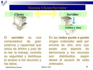 Módulo: AIOT  Pablo Martínez Gayoso El  servidor  es un a   computadora  de gran potencia y capacidad que actúa de árbitro y juez de la red, la maneja, controla su seguridad y distribuye el acceso a los recursos y los datos . En las  redes punto a punto  ningún ordenador está por encima de otro, sino que existe una especie de democracia y los recursos son distribuidos según desee el usuario de cada ordenador. Servidor Cliente Árbitro y Juez Sistema Cliente/Servidor 