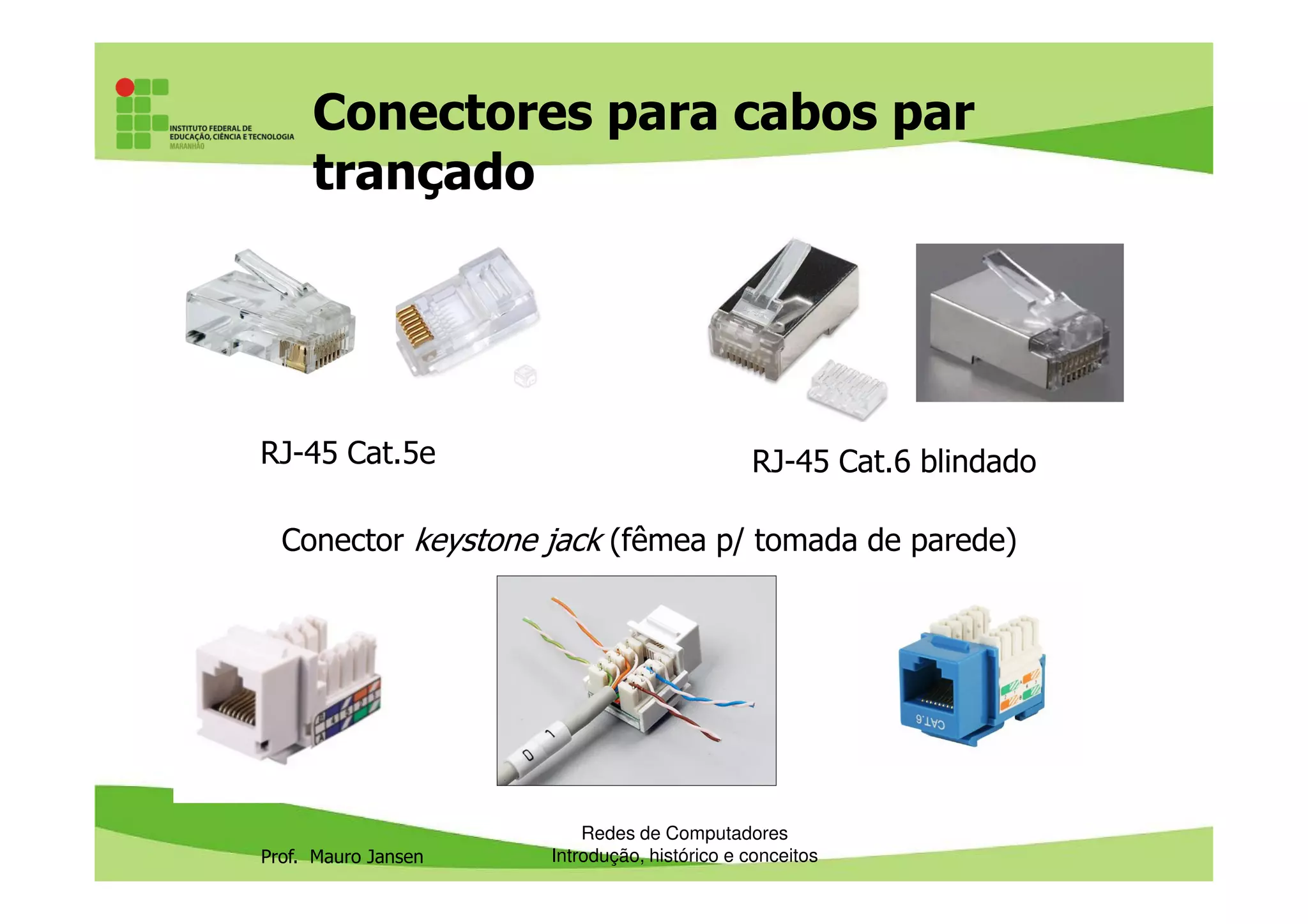 Conectores para cabos par
trançado
RJ-45 Cat.5e RJ-45 Cat.6 blindado
Prof. Mauro Jansen
Redes de Computadores
Introdução, histórico e conceitos
RJ-45 Cat.5e RJ-45 Cat.6 blindado
Conector keystone jack (fêmea p/ tomada de parede)
 