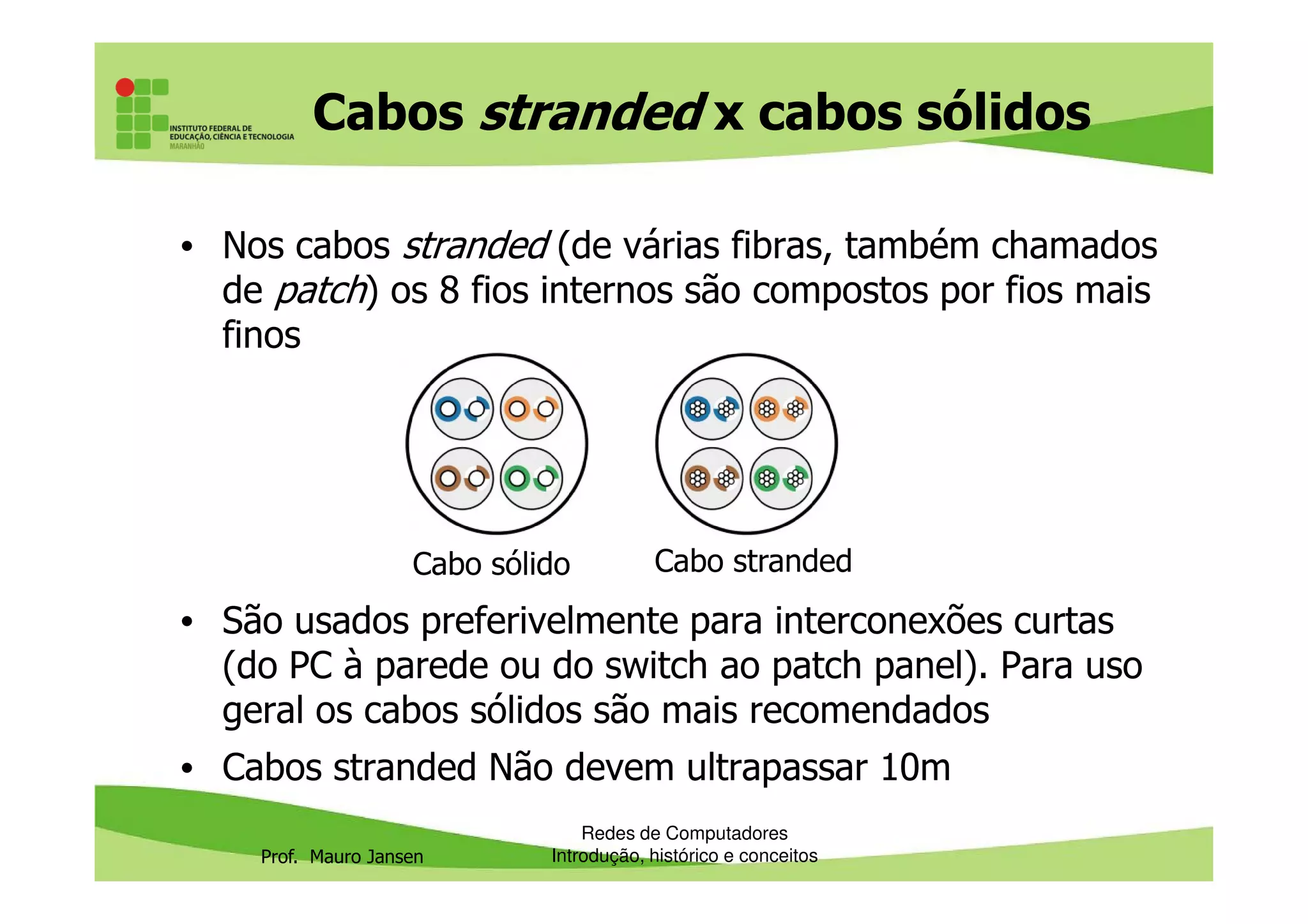 Cabos stranded x cabos sólidos
• Nos cabos stranded (de várias fibras, também chamados
de patch) os 8 fios internos são compostos por fios mais
finos
Prof. Mauro Jansen
• São usados preferivelmente para interconexões curtas
(do PC à parede ou do switch ao patch panel). Para uso
geral os cabos sólidos são mais recomendados
• Cabos stranded Não devem ultrapassar 10m
Redes de Computadores
Introdução, histórico e conceitos
Cabo sólido Cabo stranded
 