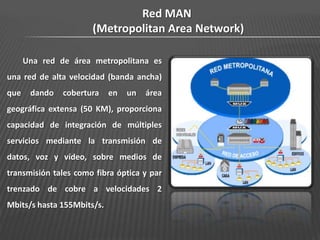 Red MAN
                      (Metropolitan Area Network)

      Una red de área metropolitana es
una red de alta velocidad (banda ancha)
que    dando   cobertura    en   un   área
geográfica extensa (50 KM), proporciona
capacidad de integración de múltiples
servicios mediante la transmisión de
datos, voz y vídeo, sobre medios de
transmisión tales como fibra óptica y par
trenzado de cobre a velocidades 2
Mbits/s hasta 155Mbits/s.
 