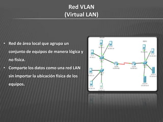 Red VLAN
                                 (Virtual LAN)



• Red de área local que agrupa un
  conjunto de equipos de manera lógica y
  no física.
• Comparte los datos como una red LAN
  sin importar la ubicación física de los
  equipos.
 