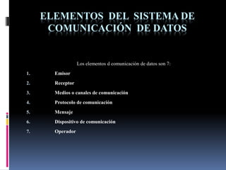 ELEMENTOS DEL SISTEMA DE
COMUNICACIÓN DE DATOS
Los elementos d comunicación de datos son 7:
1. Emisor
2. Receptor
3. Medios o canales de comunicación
4. Protocolo de comunicación
5. Mensaje
6. Dispositivo de comunicación
7. Operador
 