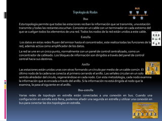 TopologíadeRedes
Bus
Esta topología permite que todas las estaciones reciban la información que se transmite, una estación
transmite y todas las restantes escuchan. Consiste en un cable con un terminador en cada extremo del
que se cuelgan todos los elementos de una red.Todos los nodos de la red están unidos a este cable.
Estrella
Los datos en estas redes fluyen del emisor hasta el concentrador, este realiza todas las funciones de la
red, además actúa como amplificador de los datos.
La red se une en un único punto, normalmente con un panel de control centralizado, como un
concentrador de cableado. Los bloques de información son dirigidos a través del panel de control
central hacia sus destinos.
Anillo
Las estaciones están unidas unas con otras formando un círculo por medio de un cable común. El
último nodo de la cadena se conecta al primero cerrando el anillo. Las señales circulan en un solo
sentido alrededor del círculo, regenerándose en cada nodo. Con esta metodología, cada nodo examina
la información que es enviada a través del anillo. Si la información no está dirigida al nodo que la
examina, la pasa al siguiente en el anillo.
Bus-estrella
Varias redes de topología en estrella están conectadas a una conexión en bus. Cuando una
configuración en estrella está llena, podemos añadir una segunda en estrella y utilizar una conexión en
bus para conectar las dos topologías en estrella.
 