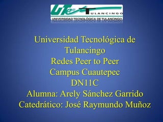 Universidad Tecnológica de
             Tulancingo
         Redes Peer to Peer
        Campus Cuautepec
              DN11C
 Alumna: Arely Sánchez Garrido
Catedrático: José Raymundo Muñoz
 