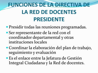 FUNCIONES DE LA DIRECTIVA DE LA RED DE DOCENTESPRESIDENTEPresidir todas las reuniones programadas.Ser representante de la red con el coordinador departamental y otras instituciones localesCoordinar la elaboración del plan de trabajo, seguimiento y evaluaciónEs el enlace entre la Jefatura de Gestión Integral Ciudadana y la Red de docentes.
