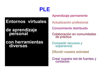 PLE   Entornos  virtuales de aprendizaje personal  con herramientas diversas  Aprendizaje permanente Actualización profesional Conocimiento distribuido Colaboración en comunidades de práctica Compartir recursos y   experiencia Difundir nuestra actividad Crear nuestra red de fuentes y contactos 