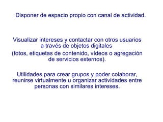 Disponer de espacio propio con canal de actividad.  Visualizar intereses y contactar con otros usuarios a través de objetos digitales  (fotos, etiquetas de contenido, vídeos o agregación de servicios externos). Utilidades para crear grupos y poder colaborar, reunirse virtualmente u organizar actividades entre personas con similares intereses. 