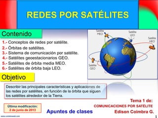 REDES POR SATÉLITES
Contenido
1.- Conceptos de redes por satélite.
2.- Órbitas de satélites.
3.- Sistema de comunicación por satélite.
4.- Satélites geoestacionarios GEO.
5.- Satélites de órbita media MEO.
6.- Satélites de órbita baja LEO.

Objetivo
Describir las principales características y aplicaciones de
las redes por satélites, en función de la órbita que siguen
los satélites alrededor de la Tierra.

Tema 1 de:
Última modificación:
2 de junio de 2013
www.coimbraweb.com

COMUNICACIONES POR SATÉLITE

Apuntes de clases

Edison Coimbra G.
1

 