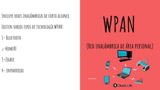 WPAN
Incluye redes inalámbricas de corto alcance.
Existen varios tipos de tecnología WPAN:
1- Bluetooth
2-HomeRF
3-Zigbee
4- infrarrojas
(Red inalámbrica de área personal)
 
