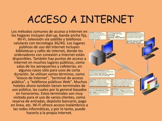 ACCESO A INTERNET
Los métodos comunes de acceso a Internet en
los hogares incluyen dial-up, banda ancha fija,
Wi-Fi, televisión vía satélite y teléfonos
celulares con tecnología 3G/4G. Los lugares
públicos de uso del Internet incluyen
bibliotecas y cafés de internet, donde los
ordenadores con conexión a Internet están
disponibles. También hay puntos de acceso a
Internet en muchos lugares públicos, como
salas de los aeropuertos y cafeterías, en
algunos casos sólo para usos de corta
duración. Se utilizan varios términos, como
"kiosco de Internet", "terminal de acceso
público", y "teléfonos públicos Web". Muchos
hoteles ahora también tienen terminales de
uso público, las cuales por lo general basados
en honorarios. Estos terminales son muy
visitada para el uso de varios clientes, como
reserva de entradas, depósito bancario, pago
en línea, etc. Wi-Fi ofrece acceso inalámbrico a
las redes informáticas, y por lo tanto, puede
hacerlo a la propia Internet.
 
