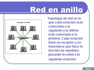 Red en anillo Topología de red en la que cada estación está conectada a la siguiente y la última está conectada a la primera. Cada estación tiene un receptor y un transmisor que hace la función de repetidor, pasando la señal a la siguiente estación.   Menú 