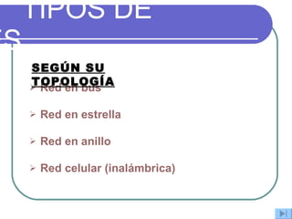 TIPOS DE REDES Red en bus Red en estrella Red en anillo Red celular (inalámbrica) SEGÚN SU TOPOLOGÍA 