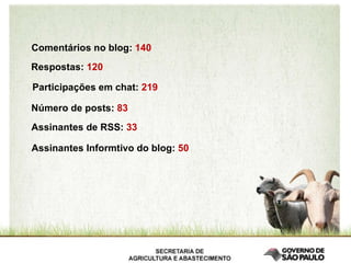 Comentários  no blog:  140 Respostas:  120 Participações  em chat:  219 Número de posts:  83 Assinantes de RSS:  33 Assinantes Informtivo do blog:  50 