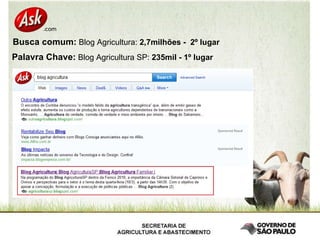 Busca comum:  Blog Agricultura:  2,7milhões -  2º lugar   Palavra Chave:  Blog Agricultura SP:  235mil - 1º lugar   