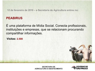 PEABIRUS É uma plataforma de Mídia Social. Conecta profissionais, instituições e empresas, que se relacionam procurando compartilhar informações. Visitas:  2.500 12 de fevereiro de 2010 – a Secretaria de Agricultura entrou no: 