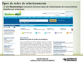 Tipos de redes de relacionamento O site  ReclameAqui  concentra diversos tipos de reclamações de consumidores lesados por empresas; 