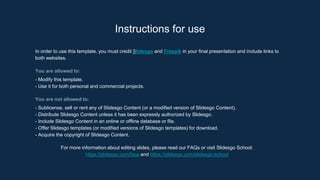 Instructions for use
In order to use this template, you must credit Slidesgo and Freepik in your final presentation and include links to
both websites.
You are allowed to:
- Modify this template.
- Use it for both personal and commercial projects.
You are not allowed to:
- Sublicense, sell or rent any of Slidesgo Content (or a modified version of Slidesgo Content).
- Distribute Slidesgo Content unless it has been expressly authorized by Slidesgo.
- Include Slidesgo Content in an online or offline database or file.
- Offer Slidesgo templates (or modified versions of Slidesgo templates) for download.
- Acquire the copyright of Slidesgo Content.
For more information about editing slides, please read our FAQs or visit Slidesgo School:
https://slidesgo.com/faqs and https://slidesgo.com/slidesgo-school
 