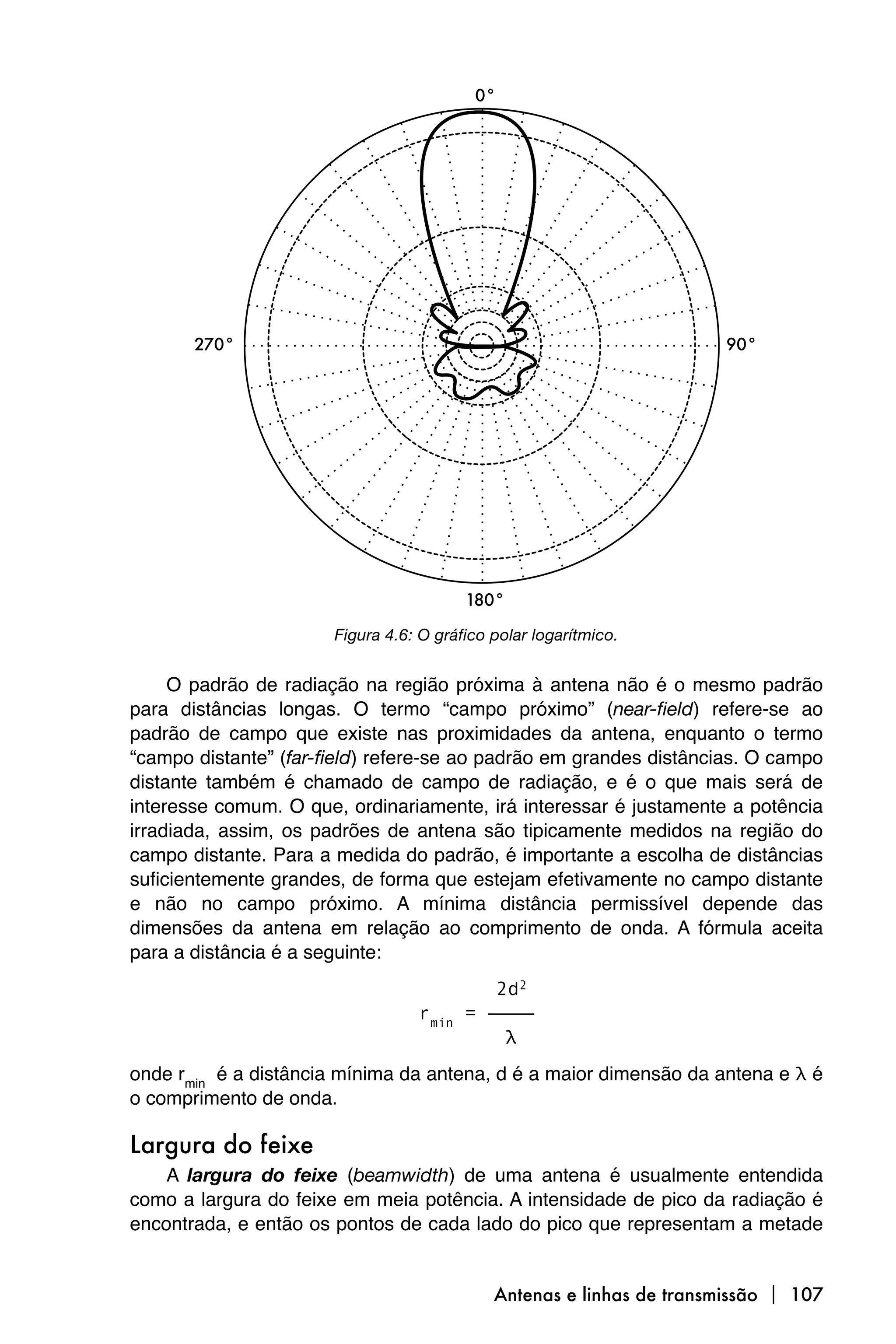 Figura 4.6: O gráfico polar logarítmico.


     O padrão de radiação na região próxima à antena não é o mesmo padrão
para distâncias longas. O termo “campo próximo” (near-field) refere-se ao
padrão de campo que existe nas proximidades da antena, enquanto o termo
“campo distante” (far-field) refere-se ao padrão em grandes distâncias. O campo
distante também é chamado de campo de radiação, e é o que mais será de
interesse comum. O que, ordinariamente, irá interessar é justamente a potência
irradiada, assim, os padrões de antena são tipicamente medidos na região do
campo distante. Para a medida do padrão, é importante a escolha de distâncias
suficientemente grandes, de forma que estejam efetivamente no campo distante
e não no campo próximo. A mínima distância permissível depende das
dimensões da antena em relação ao comprimento de onda. A fórmula aceita
para a distância é a seguinte:
                                          2d2
                                  rmin = ————
                                           λ
onde rmin é a distância mínima da antena, d é a maior dimensão da antena e λ é
o comprimento de onda.

Largura do feixe
    A largura do feixe (beamwidth) de uma antena é usualmente entendida
como a largura do feixe em meia potência. A intensidade de pico da radiação é
encontrada, e então os pontos de cada lado do pico que representam a metade


                                             Antenas e linhas de transmissão  107
 