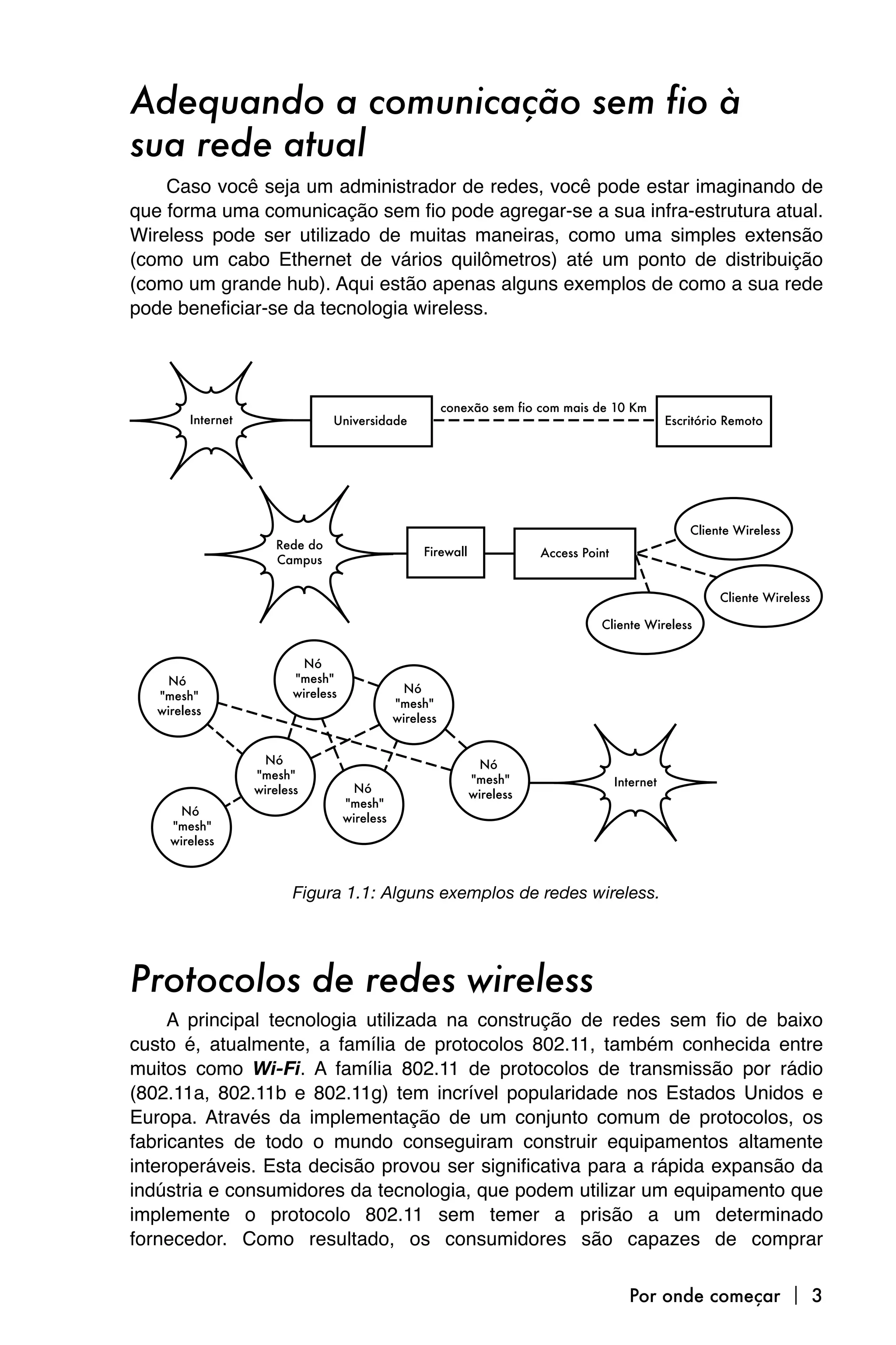 Adequando a comunicação sem fio à
sua rede atual
    Caso você seja um administrador de redes, você pode estar imaginando de
que forma uma comunicação sem fio pode agregar-se a sua infra-estrutura atual.
Wireless pode ser utilizado de muitas maneiras, como uma simples extensão
(como um cabo Ethernet de vários quilômetros) até um ponto de distribuição
(como um grande hub). Aqui estão apenas alguns exemplos de como a sua rede
pode beneficiar-se da tecnologia wireless.




                  Figura 1.1: Alguns exemplos de redes wireless.




Protocolos de redes wireless
     A principal tecnologia utilizada na construção de redes sem fio de baixo
custo é, atualmente, a família de protocolos 802.11, também conhecida entre
muitos como Wi-Fi. A família 802.11 de protocolos de transmissão por rádio
(802.11a, 802.11b e 802.11g) tem incrível popularidade nos Estados Unidos e
Europa. Através da implementação de um conjunto comum de protocolos, os
fabricantes de todo o mundo conseguiram construir equipamentos altamente
interoperáveis. Esta decisão provou ser significativa para a rápida expansão da
indústria e consumidores da tecnologia, que podem utilizar um equipamento que
implemente o protocolo 802.11 sem temer a prisão a um determinado
fornecedor. Como resultado, os consumidores são capazes de comprar

                                                            Por onde começar  3
 
