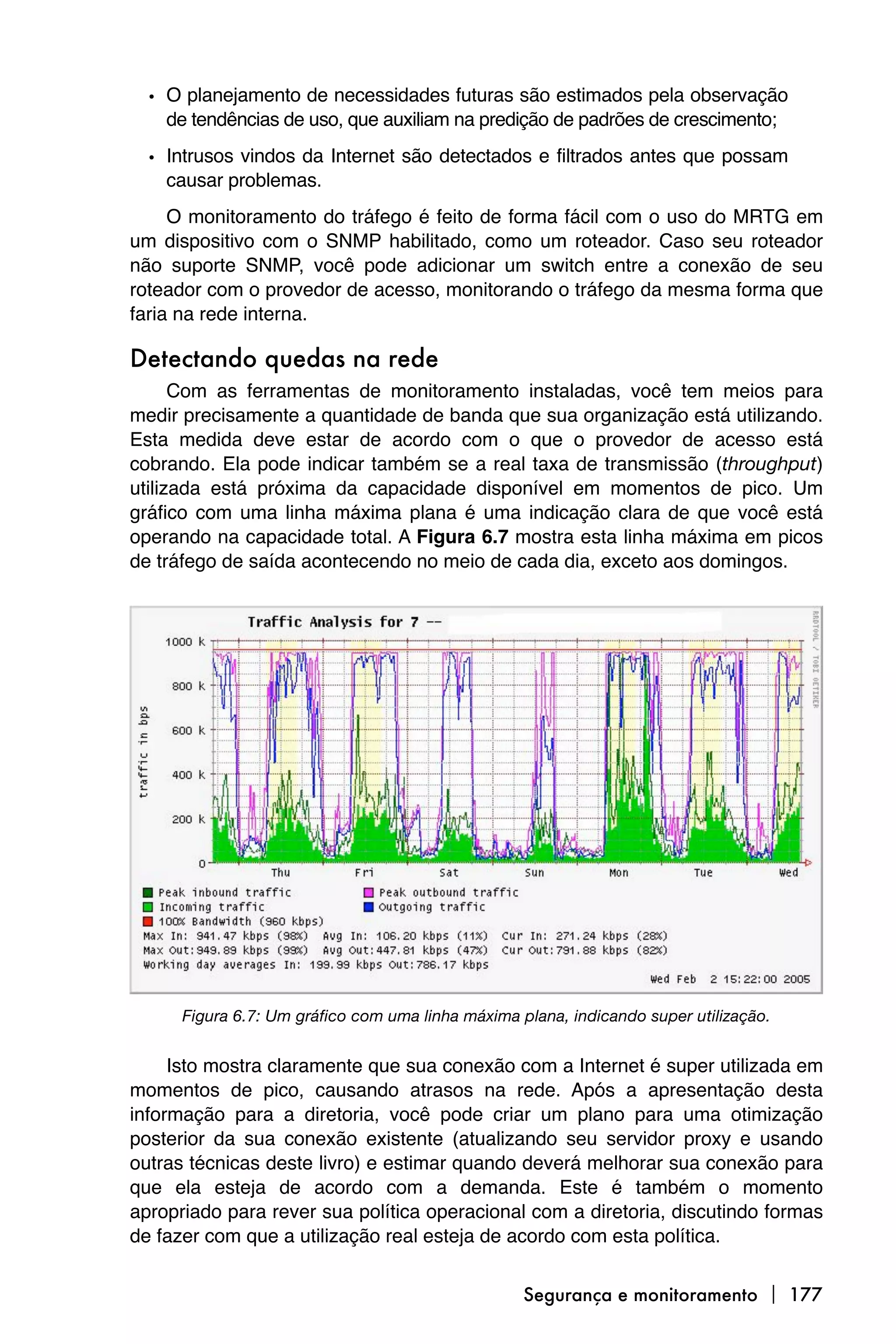 • O planejamento de necessidades futuras são estimados pela observação
    de tendências de uso, que auxiliam na predição de padrões de crescimento;

  • Intrusos vindos da Internet são detectados e filtrados antes que possam
    causar problemas.
     O monitoramento do tráfego é feito de forma fácil com o uso do MRTG em
um dispositivo com o SNMP habilitado, como um roteador. Caso seu roteador
não suporte SNMP, você pode adicionar um switch entre a conexão de seu
roteador com o provedor de acesso, monitorando o tráfego da mesma forma que
faria na rede interna.

Detectando quedas na rede
      Com as ferramentas de monitoramento instaladas, você tem meios para
medir precisamente a quantidade de banda que sua organização está utilizando.
Esta medida deve estar de acordo com o que o provedor de acesso está
cobrando. Ela pode indicar também se a real taxa de transmissão (throughput)
utilizada está próxima da capacidade disponível em momentos de pico. Um
gráfico com uma linha máxima plana é uma indicação clara de que você está
operando na capacidade total. A Figura 6.7 mostra esta linha máxima em picos
de tráfego de saída acontecendo no meio de cada dia, exceto aos domingos.




      Figura 6.7: Um gráfico com uma linha máxima plana, indicando super utilização.


     Isto mostra claramente que sua conexão com a Internet é super utilizada em
momentos de pico, causando atrasos na rede. Após a apresentação desta
informação para a diretoria, você pode criar um plano para uma otimização
posterior da sua conexão existente (atualizando seu servidor proxy e usando
outras técnicas deste livro) e estimar quando deverá melhorar sua conexão para
que ela esteja de acordo com a demanda. Este é também o momento
apropriado para rever sua política operacional com a diretoria, discutindo formas
de fazer com que a utilização real esteja de acordo com esta política.


                                                   Segurança e monitoramento  177
 