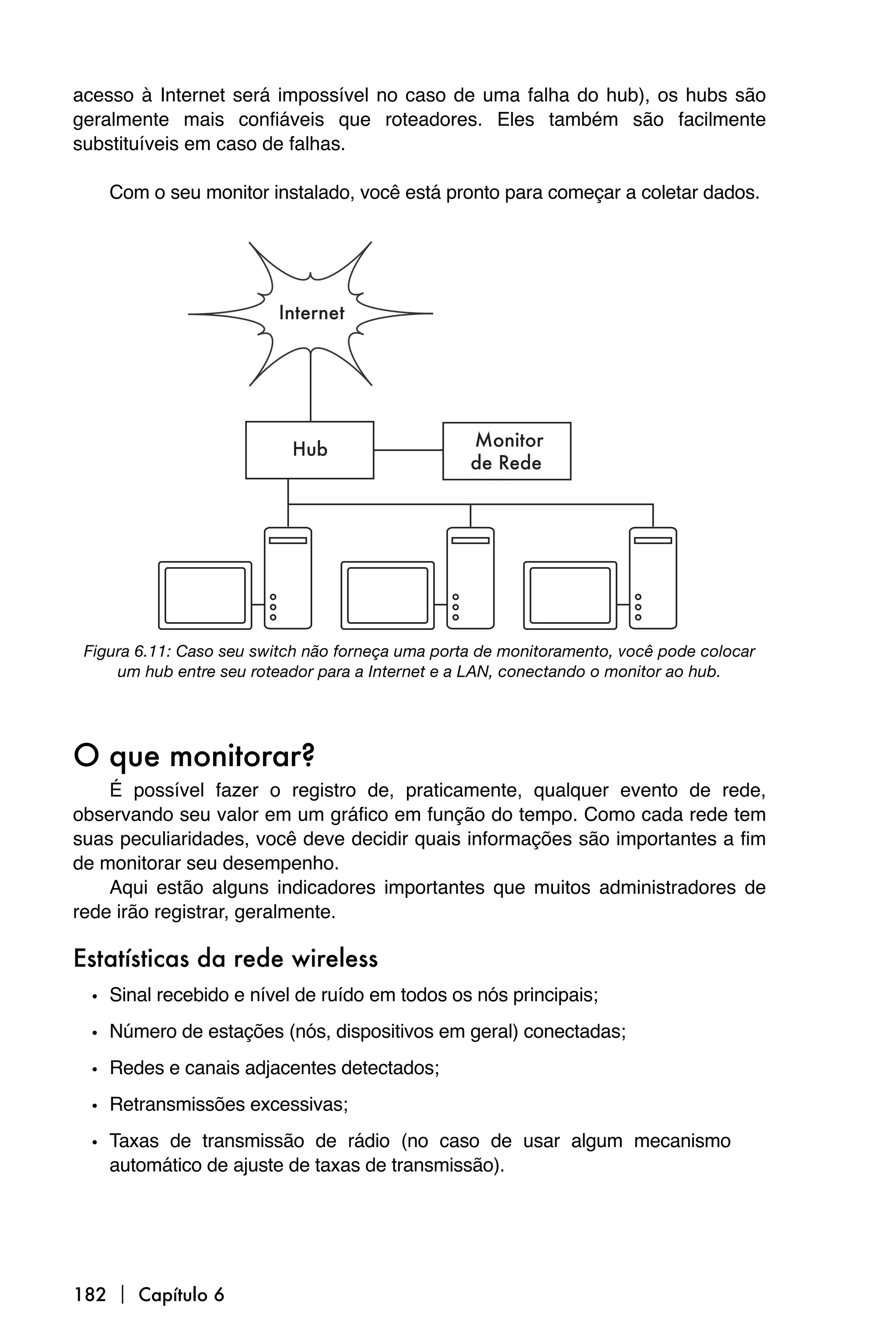 acesso à Internet será impossível no caso de uma falha do hub), os hubs são
geralmente mais confiáveis que roteadores. Eles também são facilmente
substituíveis em caso de falhas.

    Com o seu monitor instalado, você está pronto para começar a coletar dados.




 Figura 6.11: Caso seu switch não forneça uma porta de monitoramento, você pode colocar
     um hub entre seu roteador para a Internet e a LAN, conectando o monitor ao hub.




O que monitorar?
    É possível fazer o registro de, praticamente, qualquer evento de rede,
observando seu valor em um gráfico em função do tempo. Como cada rede tem
suas peculiaridades, você deve decidir quais informações são importantes a fim
de monitorar seu desempenho.
    Aqui estão alguns indicadores importantes que muitos administradores de
rede irão registrar, geralmente.

Estatísticas da rede wireless
  • Sinal recebido e nível de ruído em todos os nós principais;
  • Número de estações (nós, dispositivos em geral) conectadas;
  • Redes e canais adjacentes detectados;
  • Retransmissões excessivas;
  • Taxas de transmissão de rádio (no caso de usar algum mecanismo
    automático de ajuste de taxas de transmissão).




182  Capítulo 6
 