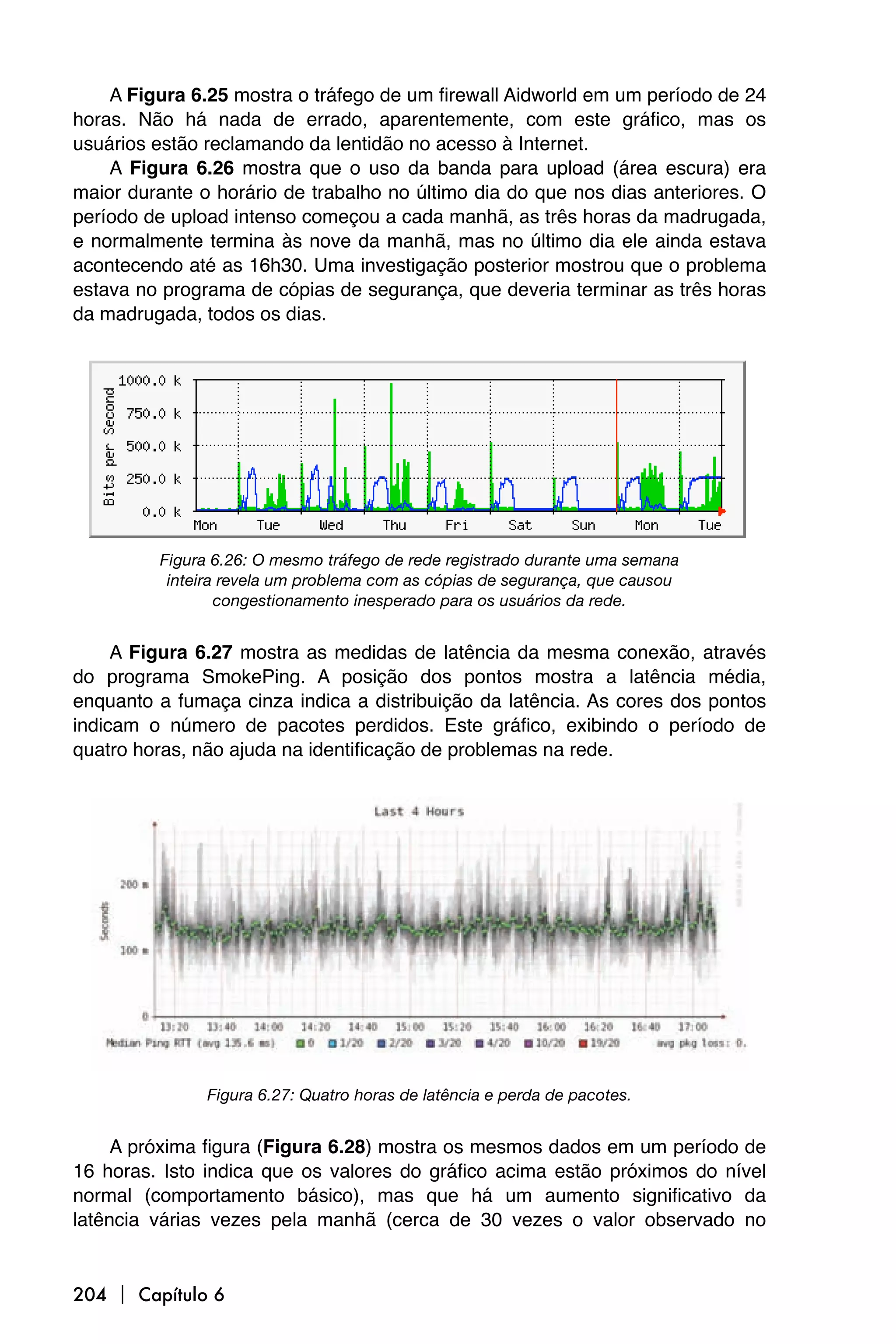 A Figura 6.25 mostra o tráfego de um firewall Aidworld em um período de 24
horas. Não há nada de errado, aparentemente, com este gráfico, mas os
usuários estão reclamando da lentidão no acesso à Internet.
    A Figura 6.26 mostra que o uso da banda para upload (área escura) era
maior durante o horário de trabalho no último dia do que nos dias anteriores. O
período de upload intenso começou a cada manhã, as três horas da madrugada,
e normalmente termina às nove da manhã, mas no último dia ele ainda estava
acontecendo até as 16h30. Uma investigação posterior mostrou que o problema
estava no programa de cópias de segurança, que deveria terminar as três horas
da madrugada, todos os dias.




         Figura 6.26: O mesmo tráfego de rede registrado durante uma semana
          inteira revela um problema com as cópias de segurança, que causou
                 congestionamento inesperado para os usuários da rede.


     A Figura 6.27 mostra as medidas de latência da mesma conexão, através
do programa SmokePing. A posição dos pontos mostra a latência média,
enquanto a fumaça cinza indica a distribuição da latência. As cores dos pontos
indicam o número de pacotes perdidos. Este gráfico, exibindo o período de
quatro horas, não ajuda na identificação de problemas na rede.




               Figura 6.27: Quatro horas de latência e perda de pacotes.


     A próxima figura (Figura 6.28) mostra os mesmos dados em um período de
16 horas. Isto indica que os valores do gráfico acima estão próximos do nível
normal (comportamento básico), mas que há um aumento significativo da
latência várias vezes pela manhã (cerca de 30 vezes o valor observado no


204  Capítulo 6
 