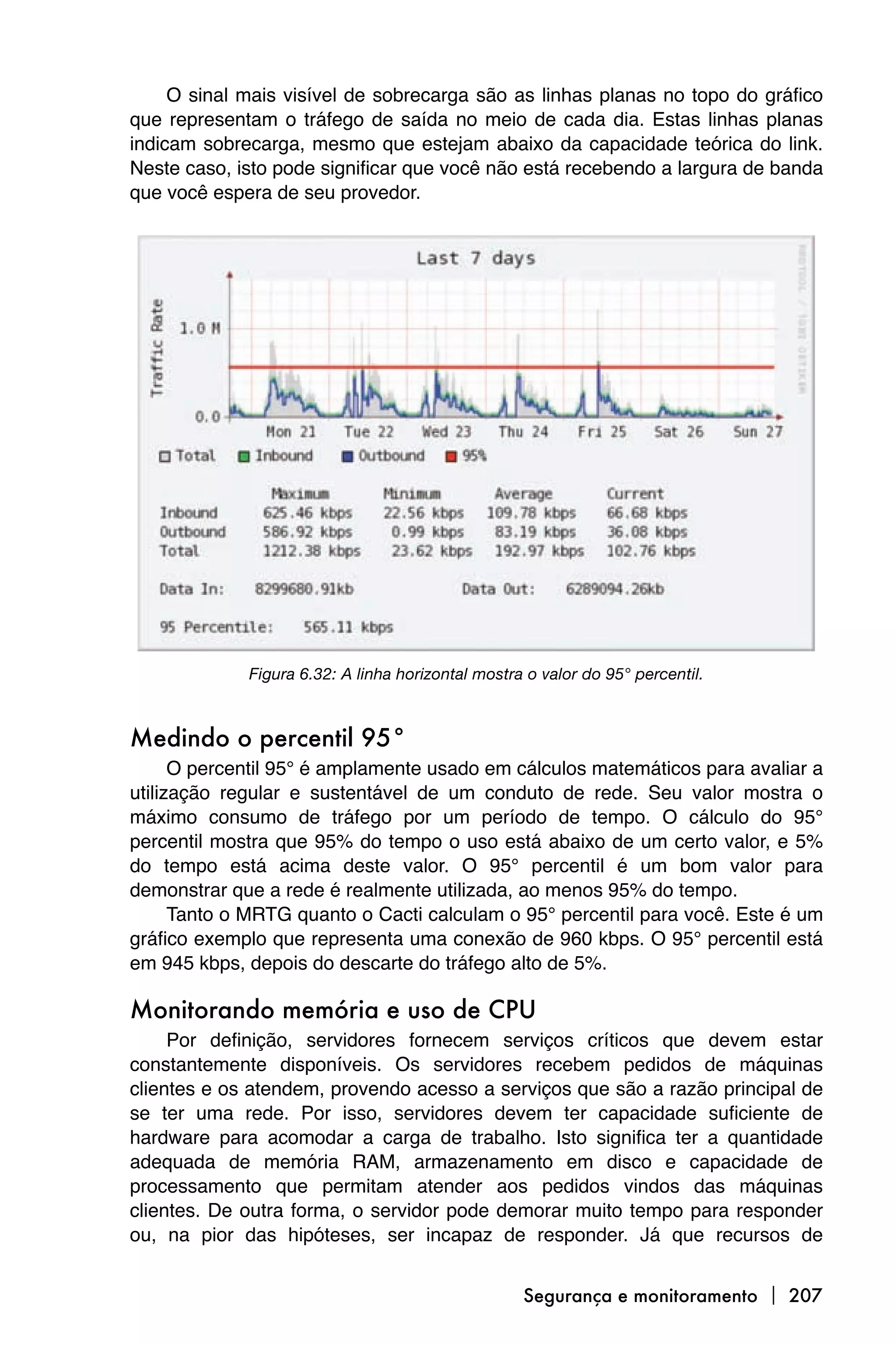O sinal mais visível de sobrecarga são as linhas planas no topo do gráfico
que representam o tráfego de saída no meio de cada dia. Estas linhas planas
indicam sobrecarga, mesmo que estejam abaixo da capacidade teórica do link.
Neste caso, isto pode significar que você não está recebendo a largura de banda
que você espera de seu provedor.




             Figura 6.32: A linha horizontal mostra o valor do 95° percentil.



Medindo o percentil 95°
      O percentil 95° é amplamente usado em cálculos matemáticos para avaliar a
utilização regular e sustentável de um conduto de rede. Seu valor mostra o
máximo consumo de tráfego por um período de tempo. O cálculo do 95°
percentil mostra que 95% do tempo o uso está abaixo de um certo valor, e 5%
do tempo está acima deste valor. O 95° percentil é um bom valor para
demonstrar que a rede é realmente utilizada, ao menos 95% do tempo.
      Tanto o MRTG quanto o Cacti calculam o 95° percentil para você. Este é um
gráfico exemplo que representa uma conexão de 960 kbps. O 95° percentil está
em 945 kbps, depois do descarte do tráfego alto de 5%.

Monitorando memória e uso de CPU
     Por definição, servidores fornecem serviços críticos que devem estar
constantemente disponíveis. Os servidores recebem pedidos de máquinas
clientes e os atendem, provendo acesso a serviços que são a razão principal de
se ter uma rede. Por isso, servidores devem ter capacidade suficiente de
hardware para acomodar a carga de trabalho. Isto significa ter a quantidade
adequada de memória RAM, armazenamento em disco e capacidade de
processamento que permitam atender aos pedidos vindos das máquinas
clientes. De outra forma, o servidor pode demorar muito tempo para responder
ou, na pior das hipóteses, ser incapaz de responder. Já que recursos de


                                                   Segurança e monitoramento  207
 