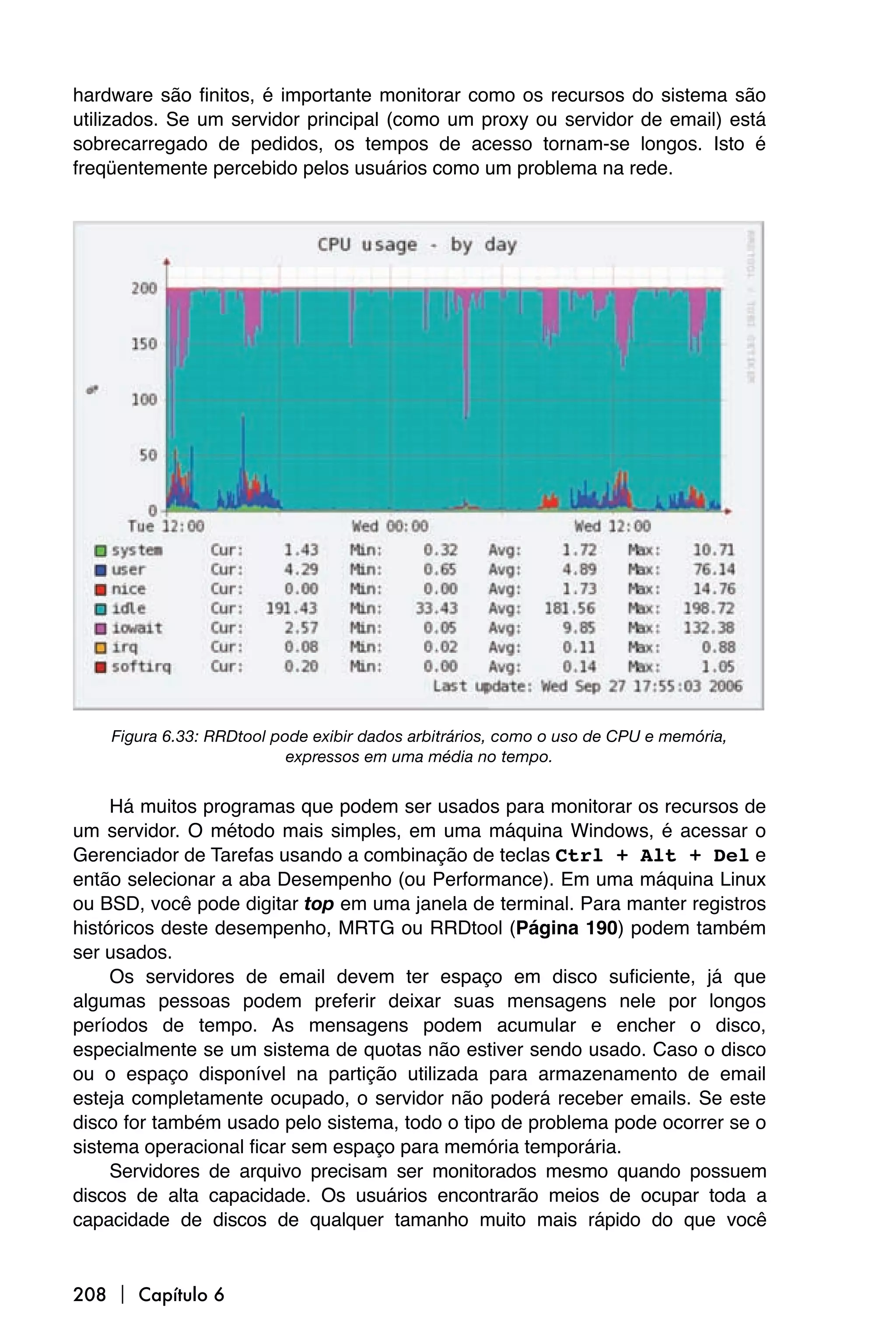 hardware são finitos, é importante monitorar como os recursos do sistema são
utilizados. Se um servidor principal (como um proxy ou servidor de email) está
sobrecarregado de pedidos, os tempos de acesso tornam-se longos. Isto é
freqüentemente percebido pelos usuários como um problema na rede.




    Figura 6.33: RRDtool pode exibir dados arbitrários, como o uso de CPU e memória,
                           expressos em uma média no tempo.


     Há muitos programas que podem ser usados para monitorar os recursos de
um servidor. O método mais simples, em uma máquina Windows, é acessar o
Gerenciador de Tarefas usando a combinação de teclas Ctrl + Alt + Del e
então selecionar a aba Desempenho (ou Performance). Em uma máquina Linux
ou BSD, você pode digitar top em uma janela de terminal. Para manter registros
históricos deste desempenho, MRTG ou RRDtool (Página 190) podem também
ser usados.
     Os servidores de email devem ter espaço em disco suficiente, já que
algumas pessoas podem preferir deixar suas mensagens nele por longos
períodos de tempo. As mensagens podem acumular e encher o disco,
especialmente se um sistema de quotas não estiver sendo usado. Caso o disco
ou o espaço disponível na partição utilizada para armazenamento de email
esteja completamente ocupado, o servidor não poderá receber emails. Se este
disco for também usado pelo sistema, todo o tipo de problema pode ocorrer se o
sistema operacional ficar sem espaço para memória temporária.
     Servidores de arquivo precisam ser monitorados mesmo quando possuem
discos de alta capacidade. Os usuários encontrarão meios de ocupar toda a
capacidade de discos de qualquer tamanho muito mais rápido do que você


208  Capítulo 6
 