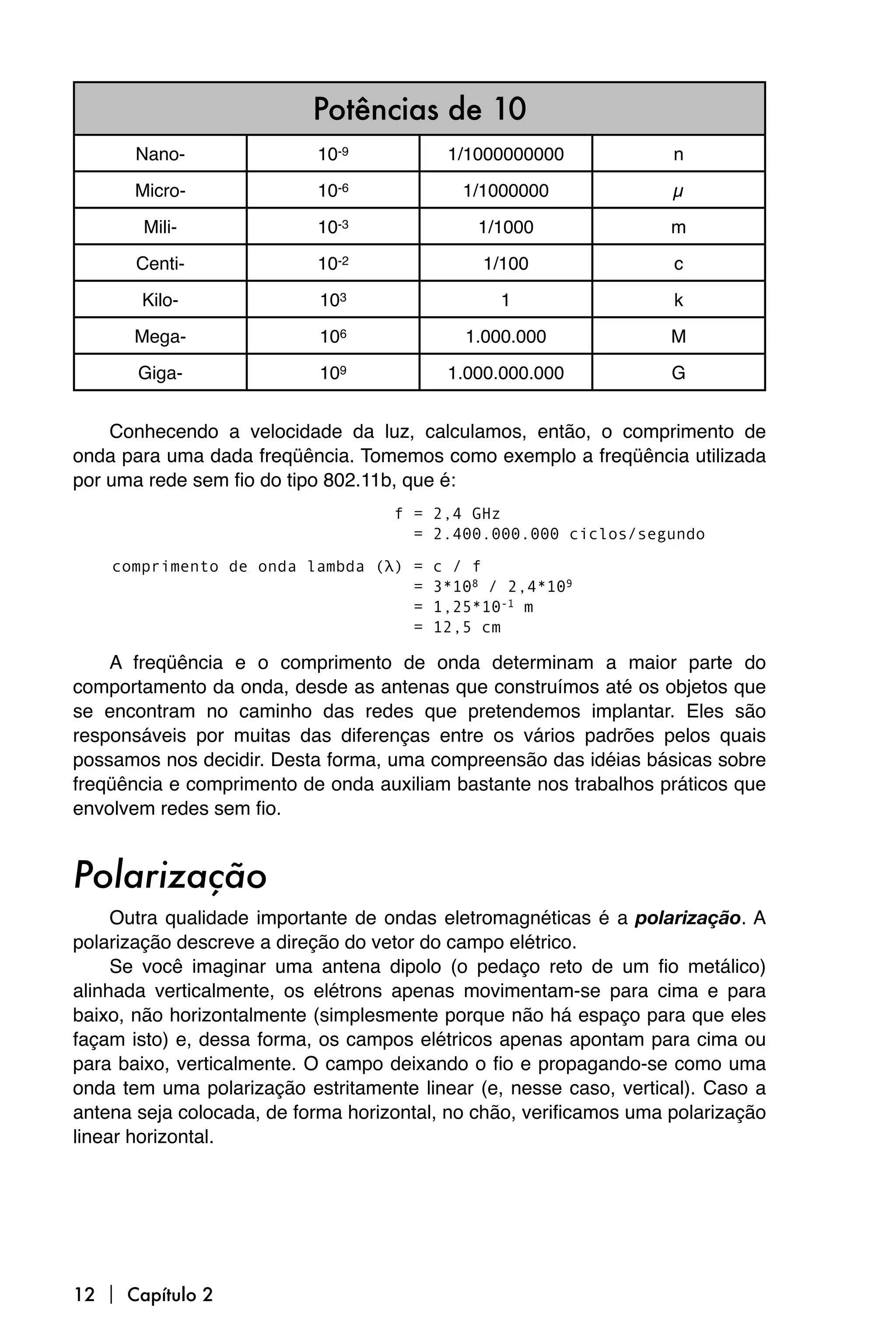 Potências de 10
       Nano-               10-9           1/1000000000              n

       Micro-              10-6             1/1000000               µ

        Mili-              10-3               1/1000                m

       Centi-              10-2               1/100                 c

       Kilo-                103                 1                   k

       Mega-                106             1.000.000               M

       Giga-                109           1.000.000.000             G


    Conhecendo a velocidade da luz, calculamos, então, o comprimento de
onda para uma dada freqüência. Tomemos como exemplo a freqüência utilizada
por uma rede sem fio do tipo 802.11b, que é:
                                    f = 2,4 GHz
                                      = 2.400.000.000 ciclos/segundo

    comprimento de onda lambda (λ) =     c / f
                                   =     3*108 / 2,4*109
                                   =     1,25*10-1 m
                                   =     12,5 cm

    A freqüência e o comprimento de onda determinam a maior parte do
comportamento da onda, desde as antenas que construímos até os objetos que
se encontram no caminho das redes que pretendemos implantar. Eles são
responsáveis por muitas das diferenças entre os vários padrões pelos quais
possamos nos decidir. Desta forma, uma compreensão das idéias básicas sobre
freqüência e comprimento de onda auxiliam bastante nos trabalhos práticos que
envolvem redes sem fio.


Polarização
     Outra qualidade importante de ondas eletromagnéticas é a polarização. A
polarização descreve a direção do vetor do campo elétrico.
     Se você imaginar uma antena dipolo (o pedaço reto de um fio metálico)
alinhada verticalmente, os elétrons apenas movimentam-se para cima e para
baixo, não horizontalmente (simplesmente porque não há espaço para que eles
façam isto) e, dessa forma, os campos elétricos apenas apontam para cima ou
para baixo, verticalmente. O campo deixando o fio e propagando-se como uma
onda tem uma polarização estritamente linear (e, nesse caso, vertical). Caso a
antena seja colocada, de forma horizontal, no chão, verificamos uma polarização
linear horizontal.




12  Capítulo 2
 