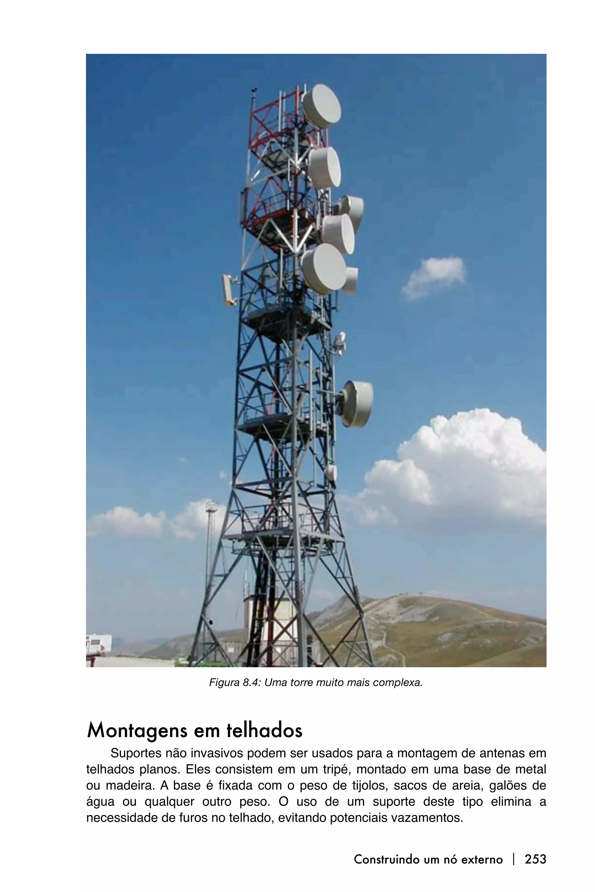 Figura 8.4: Uma torre muito mais complexa.



Montagens em telhados
     Suportes não invasivos podem ser usados para a montagem de antenas em
telhados planos. Eles consistem em um tripé, montado em uma base de metal
ou madeira. A base é fixada com o peso de tijolos, sacos de areia, galões de
água ou qualquer outro peso. O uso de um suporte deste tipo elimina a
necessidade de furos no telhado, evitando potenciais vazamentos.


                                                Construindo um nó externo  253
 