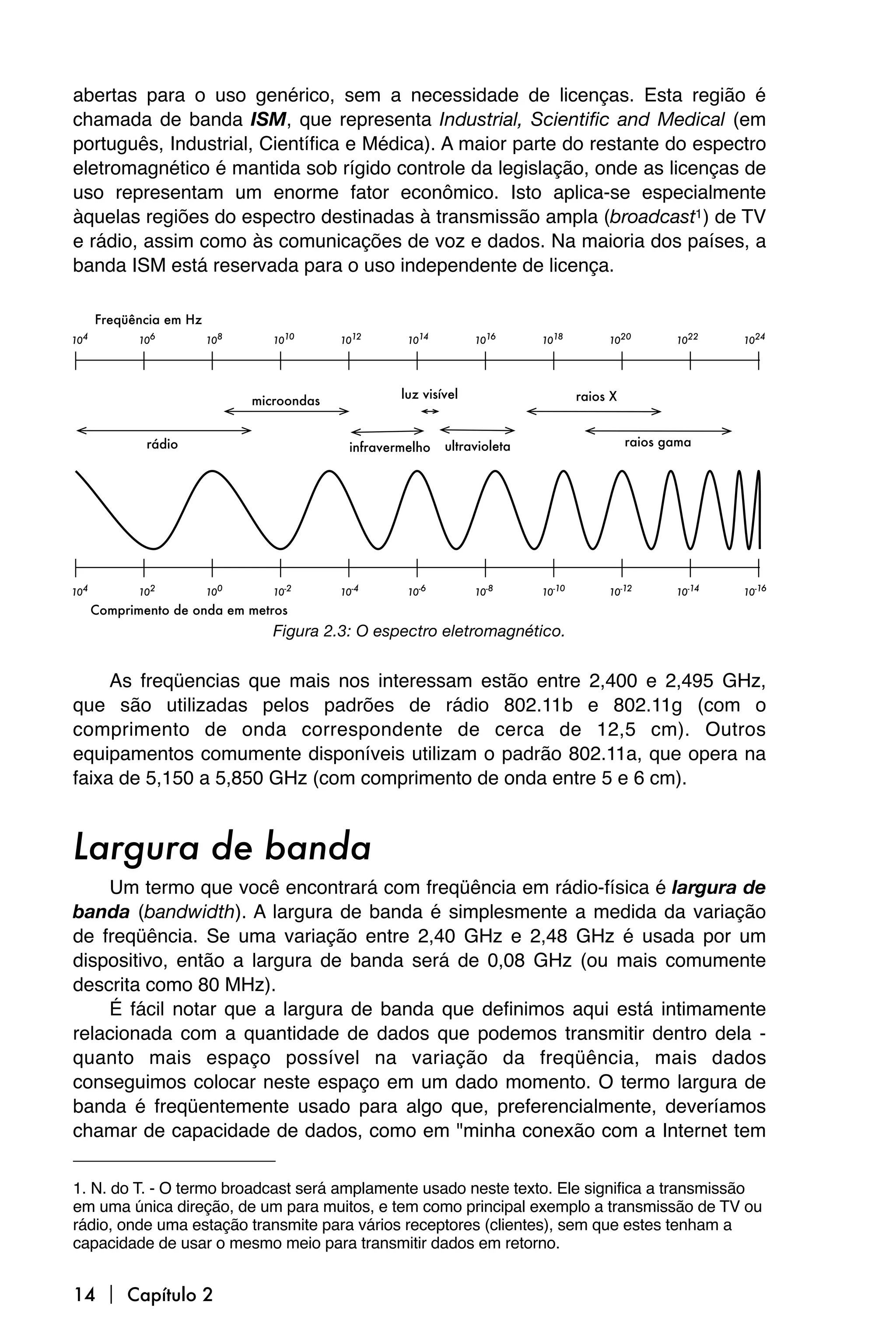 abertas para o uso genérico, sem a necessidade de licenças. Esta região é
chamada de banda ISM, que representa Industrial, Scientific and Medical (em
português, Industrial, Científica e Médica). A maior parte do restante do espectro
eletromagnético é mantida sob rígido controle da legislação, onde as licenças de
uso representam um enorme fator econômico. Isto aplica-se especialmente
àquelas regiões do espectro destinadas à transmissão ampla (broadcast1) de TV
e rádio, assim como às comunicações de voz e dados. Na maioria dos países, a
banda ISM está reservada para o uso independente de licença.




                           Figura 2.3: O espectro eletromagnético.


     As freqüencias que mais nos interessam estão entre 2,400 e 2,495 GHz,
que são utilizadas pelos padrões de rádio 802.11b e 802.11g (com o
comprimento de onda correspondente de cerca de 12,5 cm). Outros
equipamentos comumente disponíveis utilizam o padrão 802.11a, que opera na
faixa de 5,150 a 5,850 GHz (com comprimento de onda entre 5 e 6 cm).


Largura de banda
    Um termo que você encontrará com freqüência em rádio-física é largura de
banda (bandwidth). A largura de banda é simplesmente a medida da variação
de freqüência. Se uma variação entre 2,40 GHz e 2,48 GHz é usada por um
dispositivo, então a largura de banda será de 0,08 GHz (ou mais comumente
descrita como 80 MHz).
    É fácil notar que a largura de banda que definimos aqui está intimamente
relacionada com a quantidade de dados que podemos transmitir dentro dela -
quanto mais espaço possível na variação da freqüência, mais dados
conseguimos colocar neste espaço em um dado momento. O termo largura de
banda é freqüentemente usado para algo que, preferencialmente, deveríamos
chamar de capacidade de dados, como em "minha conexão com a Internet tem

1. N. do T. - O termo broadcast será amplamente usado neste texto. Ele significa a transmissão
em uma única direção, de um para muitos, e tem como principal exemplo a transmissão de TV ou
rádio, onde uma estação transmite para vários receptores (clientes), sem que estes tenham a
capacidade de usar o mesmo meio para transmitir dados em retorno.


14  Capítulo 2
 