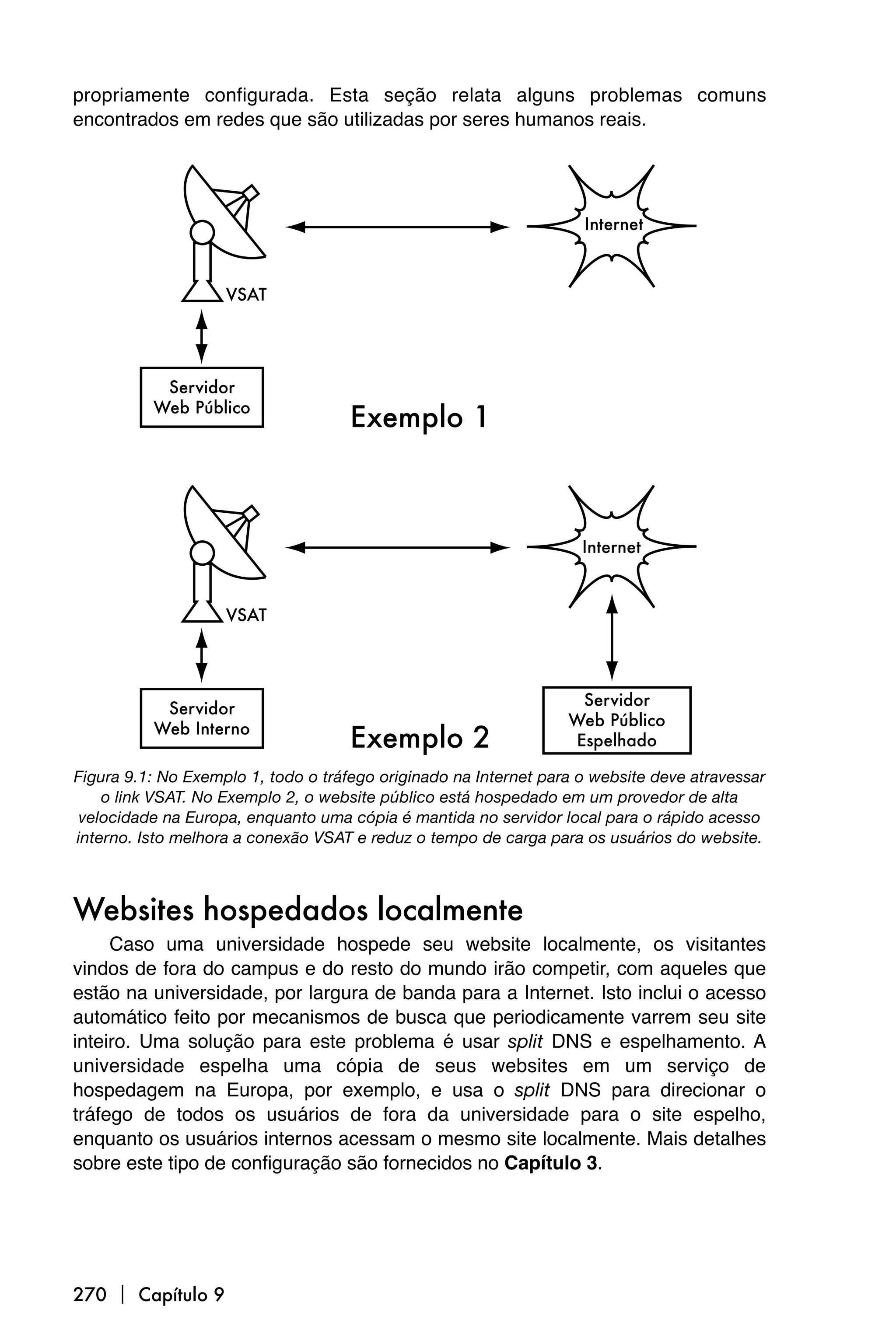 propriamente configurada. Esta seção relata alguns problemas comuns
encontrados em redes que são utilizadas por seres humanos reais.




Figura 9.1: No Exemplo 1, todo o tráfego originado na Internet para o website deve atravessar
    o link VSAT. No Exemplo 2, o website público está hospedado em um provedor de alta
 velocidade na Europa, enquanto uma cópia é mantida no servidor local para o rápido acesso
interno. Isto melhora a conexão VSAT e reduz o tempo de carga para os usuários do website.



Websites hospedados localmente
     Caso uma universidade hospede seu website localmente, os visitantes
vindos de fora do campus e do resto do mundo irão competir, com aqueles que
estão na universidade, por largura de banda para a Internet. Isto inclui o acesso
automático feito por mecanismos de busca que periodicamente varrem seu site
inteiro. Uma solução para este problema é usar split DNS e espelhamento. A
universidade espelha uma cópia de seus websites em um serviço de
hospedagem na Europa, por exemplo, e usa o split DNS para direcionar o
tráfego de todos os usuários de fora da universidade para o site espelho,
enquanto os usuários internos acessam o mesmo site localmente. Mais detalhes
sobre este tipo de configuração são fornecidos no Capítulo 3.




270  Capítulo 9
 