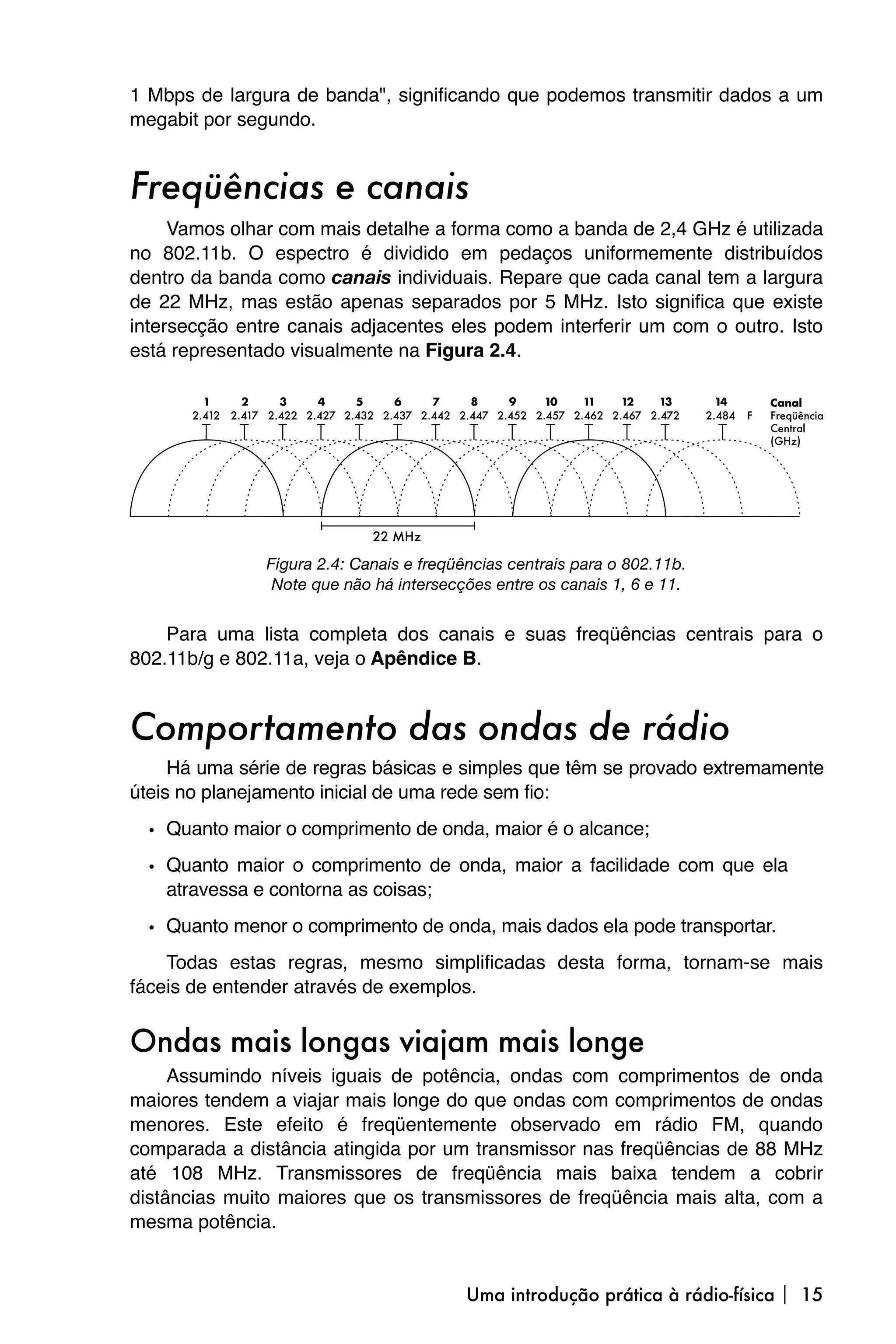 1 Mbps de largura de banda", significando que podemos transmitir dados a um
megabit por segundo.


Freqüências e canais
     Vamos olhar com mais detalhe a forma como a banda de 2,4 GHz é utilizada
no 802.11b. O espectro é dividido em pedaços uniformemente distribuídos
dentro da banda como canais individuais. Repare que cada canal tem a largura
de 22 MHz, mas estão apenas separados por 5 MHz. Isto significa que existe
intersecção entre canais adjacentes eles podem interferir um com o outro. Isto
está representado visualmente na Figura 2.4.




               Figura 2.4: Canais e freqüências centrais para o 802.11b.
                Note que não há intersecções entre os canais 1, 6 e 11.


    Para uma lista completa dos canais e suas freqüências centrais para o
802.11b/g e 802.11a, veja o Apêndice B.


Comportamento das ondas de rádio
     Há uma série de regras básicas e simples que têm se provado extremamente
úteis no planejamento inicial de uma rede sem fio:

  • Quanto maior o comprimento de onda, maior é o alcance;
  • Quanto maior o comprimento de onda, maior a facilidade com que ela
    atravessa e contorna as coisas;

  • Quanto menor o comprimento de onda, mais dados ela pode transportar.
    Todas estas regras, mesmo simplificadas desta forma, tornam-se mais
fáceis de entender através de exemplos.


Ondas mais longas viajam mais longe
     Assumindo níveis iguais de potência, ondas com comprimentos de onda
maiores tendem a viajar mais longe do que ondas com comprimentos de ondas
menores. Este efeito é freqüentemente observado em rádio FM, quando
comparada a distância atingida por um transmissor nas freqüências de 88 MHz
até 108 MHz. Transmissores de freqüência mais baixa tendem a cobrir
distâncias muito maiores que os transmissores de freqüência mais alta, com a
mesma potência.


                                          Uma introdução prática à rádio-física  15
 