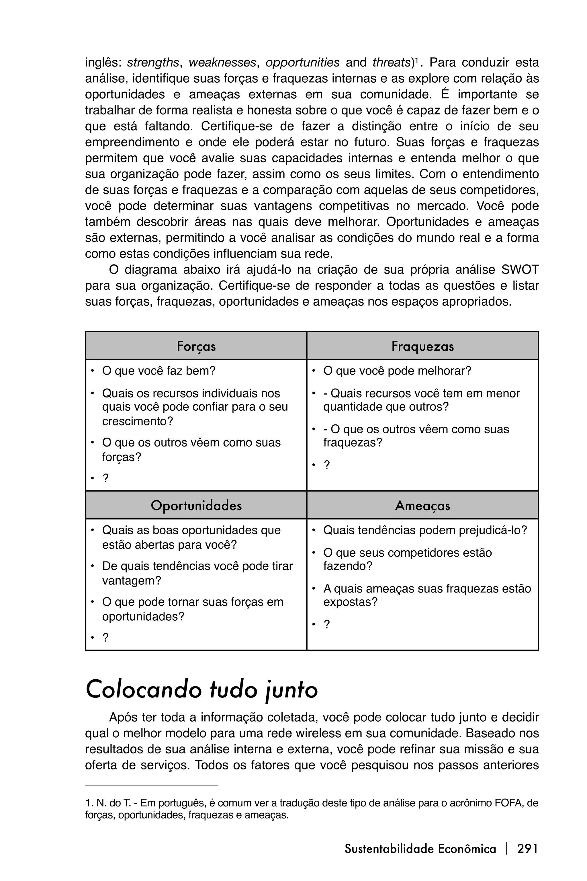 inglês: strengths, weaknesses, opportunities and threats)1 . Para conduzir esta
análise, identifique suas forças e fraquezas internas e as explore com relação às
oportunidades e ameaças externas em sua comunidade. É importante se
trabalhar de forma realista e honesta sobre o que você é capaz de fazer bem e o
que está faltando. Certifique-se de fazer a distinção entre o início de seu
empreendimento e onde ele poderá estar no futuro. Suas forças e fraquezas
permitem que você avalie suas capacidades internas e entenda melhor o que
sua organização pode fazer, assim como os seus limites. Com o entendimento
de suas forças e fraquezas e a comparação com aquelas de seus competidores,
você pode determinar suas vantagens competitivas no mercado. Você pode
também descobrir áreas nas quais deve melhorar. Oportunidades e ameaças
são externas, permitindo a você analisar as condições do mundo real e a forma
como estas condições influenciam sua rede.
     O diagrama abaixo irá ajudá-lo na criação de sua própria análise SWOT
para sua organização. Certifique-se de responder a todas as questões e listar
suas forças, fraquezas, oportunidades e ameaças nos espaços apropriados.


                   Forças                                        Fraquezas
 • O que você faz bem?                          • O que você pode melhorar?
 • Quais os recursos individuais nos            • - Quais recursos você tem em menor
   quais você pode confiar para o seu             quantidade que outros?
   crescimento?
                                                • - O que os outros vêem como suas
 • O que os outros vêem como suas                 fraquezas?
   forças?
                                                • ?
 • ?

              Oportunidades                                       Ameaças
 • Quais as boas oportunidades que              • Quais tendências podem prejudicá-lo?
   estão abertas para você?
                                                • O que seus competidores estão
 • De quais tendências você pode tirar            fazendo?
   vantagem?
                                                • A quais ameaças suas fraquezas estão
 • O que pode tornar suas forças em               expostas?
   oportunidades?
                                                • ?
 • ?



Colocando tudo junto
     Após ter toda a informação coletada, você pode colocar tudo junto e decidir
qual o melhor modelo para uma rede wireless em sua comunidade. Baseado nos
resultados de sua análise interna e externa, você pode refinar sua missão e sua
oferta de serviços. Todos os fatores que você pesquisou nos passos anteriores

1. N. do T. - Em português, é comum ver a tradução deste tipo de análise para o acrônimo FOFA, de
forças, oportunidades, fraquezas e ameaças.


                                                       Sustentabilidade Econômica  291
 
