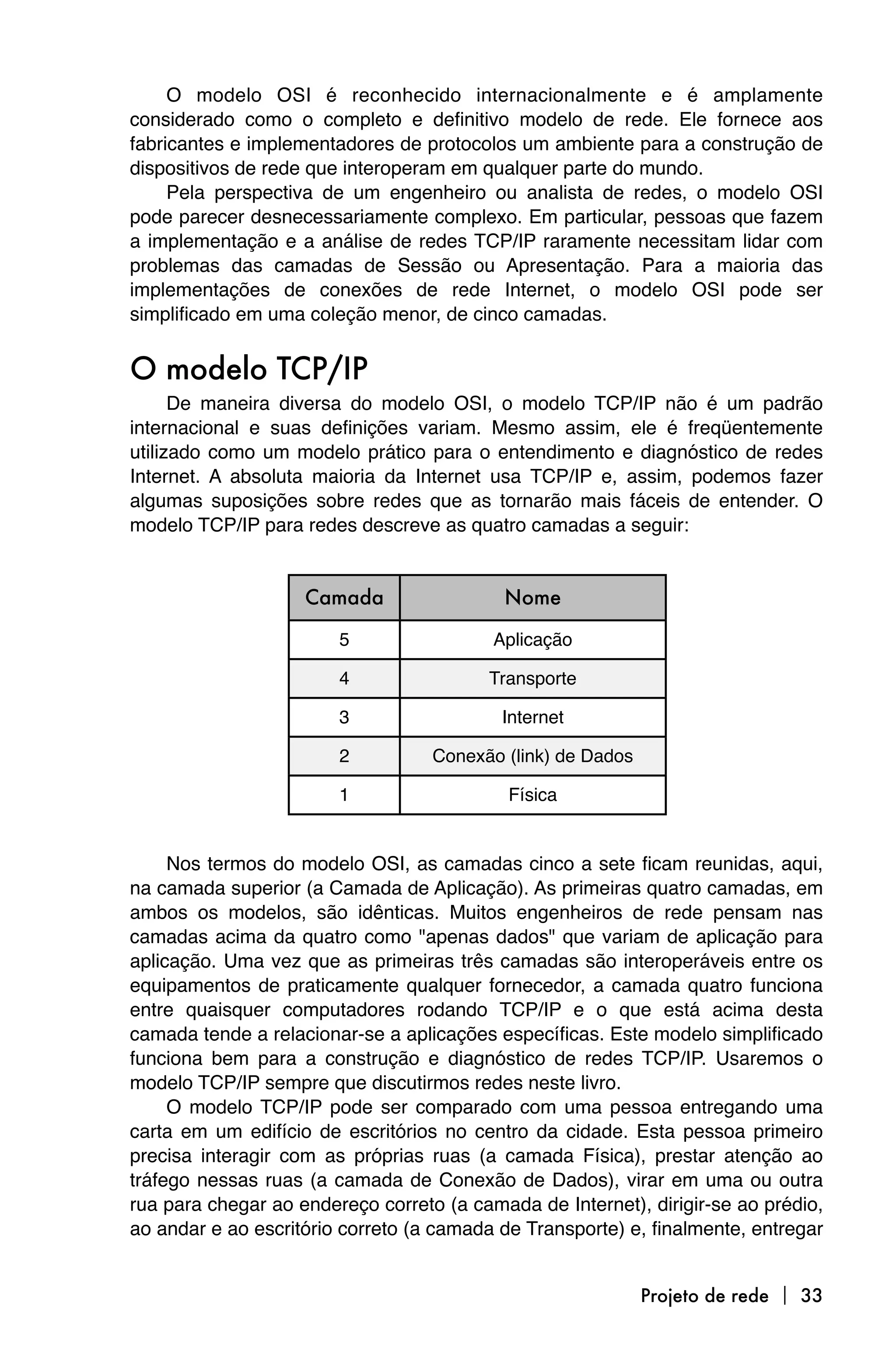 O modelo OSI é reconhecido internacionalmente e é amplamente
considerado como o completo e definitivo modelo de rede. Ele fornece aos
fabricantes e implementadores de protocolos um ambiente para a construção de
dispositivos de rede que interoperam em qualquer parte do mundo.
     Pela perspectiva de um engenheiro ou analista de redes, o modelo OSI
pode parecer desnecessariamente complexo. Em particular, pessoas que fazem
a implementação e a análise de redes TCP/IP raramente necessitam lidar com
problemas das camadas de Sessão ou Apresentação. Para a maioria das
implementações de conexões de rede Internet, o modelo OSI pode ser
simplificado em uma coleção menor, de cinco camadas.


O modelo TCP/IP
      De maneira diversa do modelo OSI, o modelo TCP/IP não é um padrão
internacional e suas definições variam. Mesmo assim, ele é freqüentemente
utilizado como um modelo prático para o entendimento e diagnóstico de redes
Internet. A absoluta maioria da Internet usa TCP/IP e, assim, podemos fazer
algumas suposições sobre redes que as tornarão mais fáceis de entender. O
modelo TCP/IP para redes descreve as quatro camadas a seguir:


                    Camada                 Nome

                        5                 Aplicação

                        4                Transporte

                        3                  Internet

                        2          Conexão (link) de Dados

                        1                   Física


     Nos termos do modelo OSI, as camadas cinco a sete ficam reunidas, aqui,
na camada superior (a Camada de Aplicação). As primeiras quatro camadas, em
ambos os modelos, são idênticas. Muitos engenheiros de rede pensam nas
camadas acima da quatro como "apenas dados" que variam de aplicação para
aplicação. Uma vez que as primeiras três camadas são interoperáveis entre os
equipamentos de praticamente qualquer fornecedor, a camada quatro funciona
entre quaisquer computadores rodando TCP/IP e o que está acima desta
camada tende a relacionar-se a aplicações específicas. Este modelo simplificado
funciona bem para a construção e diagnóstico de redes TCP/IP. Usaremos o
modelo TCP/IP sempre que discutirmos redes neste livro.
     O modelo TCP/IP pode ser comparado com uma pessoa entregando uma
carta em um edifício de escritórios no centro da cidade. Esta pessoa primeiro
precisa interagir com as próprias ruas (a camada Física), prestar atenção ao
tráfego nessas ruas (a camada de Conexão de Dados), virar em uma ou outra
rua para chegar ao endereço correto (a camada de Internet), dirigir-se ao prédio,
ao andar e ao escritório correto (a camada de Transporte) e, finalmente, entregar


                                                             Projeto de rede  33
 