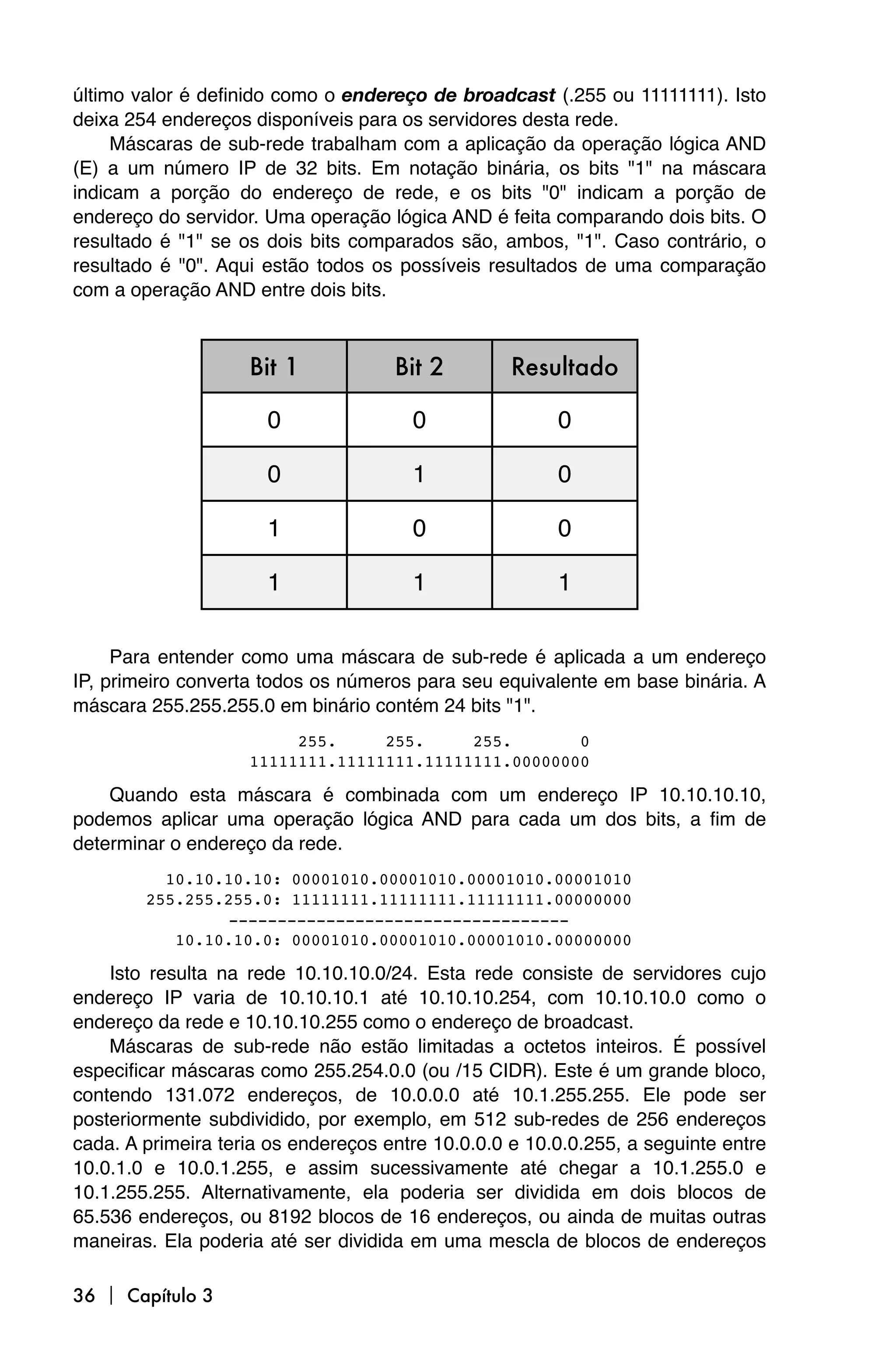 último valor é definido como o endereço de broadcast (.255 ou 11111111). Isto
deixa 254 endereços disponíveis para os servidores desta rede.
     Máscaras de sub-rede trabalham com a aplicação da operação lógica AND
(E) a um número IP de 32 bits. Em notação binária, os bits "1" na máscara
indicam a porção do endereço de rede, e os bits "0" indicam a porção de
endereço do servidor. Uma operação lógica AND é feita comparando dois bits. O
resultado é "1" se os dois bits comparados são, ambos, "1". Caso contrário, o
resultado é "0". Aqui estão todos os possíveis resultados de uma comparação
com a operação AND entre dois bits.



                    Bit 1            Bit 2         Resultado

                      0                0                0

                      0                1                0

                      1                0                0

                      1                1                1

     Para entender como uma máscara de sub-rede é aplicada a um endereço
IP, primeiro converta todos os números para seu equivalente em base binária. A
máscara 255.255.255.0 em binário contém 24 bits "1".
                         255.     255.     255.       0
                    11111111.11111111.11111111.00000000

    Quando esta máscara é combinada com um endereço IP 10.10.10.10,
podemos aplicar uma operação lógica AND para cada um dos bits, a fim de
determinar o endereço da rede.

         10.10.10.10:
00001010.00001010.00001010.00001010

       255.255.255.0:
11111111.11111111.11111111.00000000

       
       
-----------------------------------

          10.10.10.0:
00001010.00001010.00001010.00000000

    Isto resulta na rede 10.10.10.0/24. Esta rede consiste de servidores cujo
endereço IP varia de 10.10.10.1 até 10.10.10.254, com 10.10.10.0 como o
endereço da rede e 10.10.10.255 como o endereço de broadcast.
    Máscaras de sub-rede não estão limitadas a octetos inteiros. É possível
especificar máscaras como 255.254.0.0 (ou /15 CIDR). Este é um grande bloco,
contendo 131.072 endereços, de 10.0.0.0 até 10.1.255.255. Ele pode ser
posteriormente subdividido, por exemplo, em 512 sub-redes de 256 endereços
cada. A primeira teria os endereços entre 10.0.0.0 e 10.0.0.255, a seguinte entre
10.0.1.0 e 10.0.1.255, e assim sucessivamente até chegar a 10.1.255.0 e
10.1.255.255. Alternativamente, ela poderia ser dividida em dois blocos de
65.536 endereços, ou 8192 blocos de 16 endereços, ou ainda de muitas outras
maneiras. Ela poderia até ser dividida em uma mescla de blocos de endereços

36  Capítulo 3
 