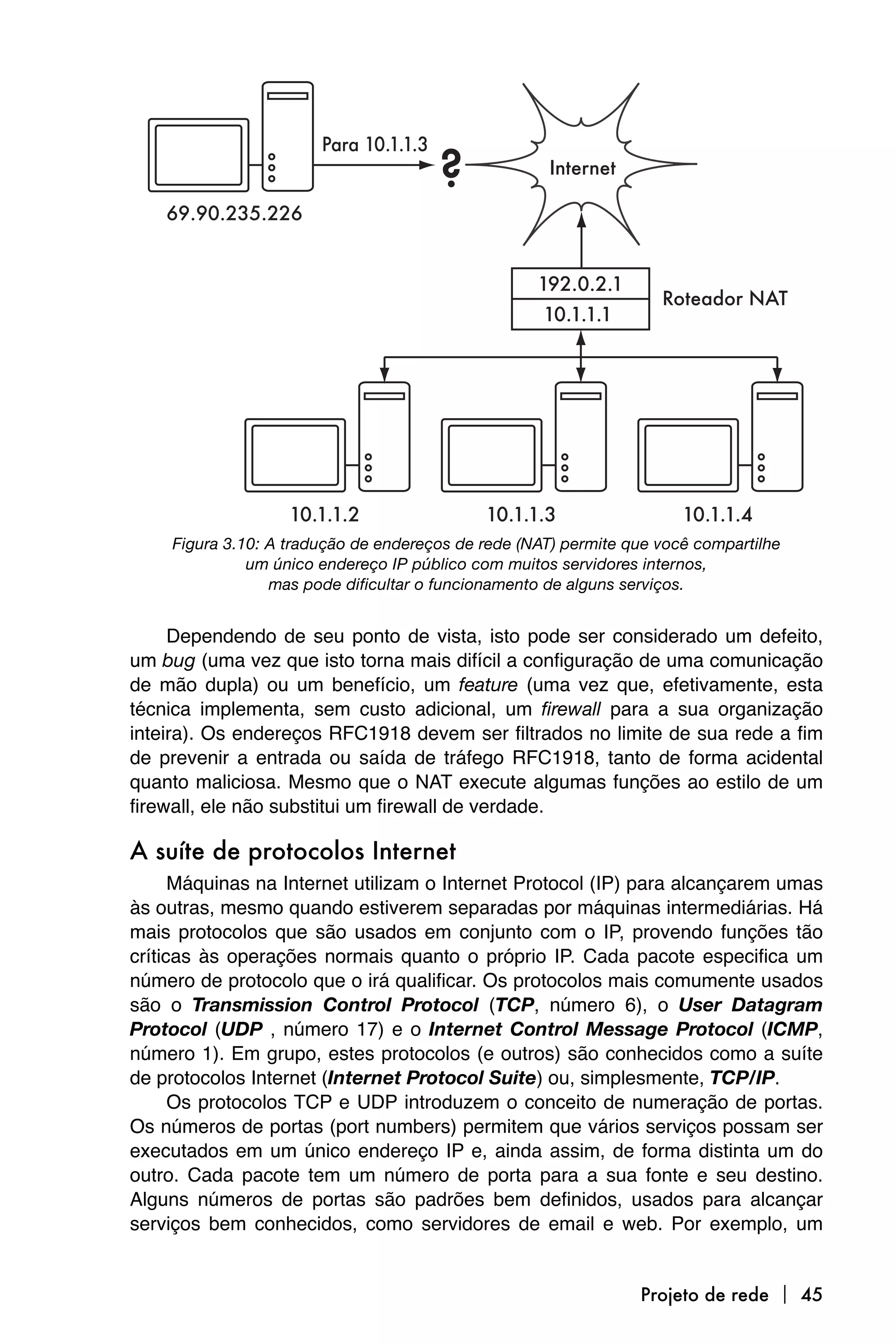 Figura 3.10: A tradução de endereços de rede (NAT) permite que você compartilhe
              um único endereço IP público com muitos servidores internos,
                 mas pode dificultar o funcionamento de alguns serviços.


     Dependendo de seu ponto de vista, isto pode ser considerado um defeito,
um bug (uma vez que isto torna mais difícil a configuração de uma comunicação
de mão dupla) ou um benefício, um feature (uma vez que, efetivamente, esta
técnica implementa, sem custo adicional, um firewall para a sua organização
inteira). Os endereços RFC1918 devem ser filtrados no limite de sua rede a fim
de prevenir a entrada ou saída de tráfego RFC1918, tanto de forma acidental
quanto maliciosa. Mesmo que o NAT execute algumas funções ao estilo de um
firewall, ele não substitui um firewall de verdade.

A suíte de protocolos Internet
      Máquinas na Internet utilizam o Internet Protocol (IP) para alcançarem umas
às outras, mesmo quando estiverem separadas por máquinas intermediárias. Há
mais protocolos que são usados em conjunto com o IP, provendo funções tão
críticas às operações normais quanto o próprio IP. Cada pacote especifica um
número de protocolo que o irá qualificar. Os protocolos mais comumente usados
são o Transmission Control Protocol (TCP, número 6), o User Datagram
Protocol (UDP , número 17) e o Internet Control Message Protocol (ICMP,
número 1). Em grupo, estes protocolos (e outros) são conhecidos como a suíte
de protocolos Internet (Internet Protocol Suite) ou, simplesmente, TCP/IP.
      Os protocolos TCP e UDP introduzem o conceito de numeração de portas.
Os números de portas (port numbers) permitem que vários serviços possam ser
executados em um único endereço IP e, ainda assim, de forma distinta um do
outro. Cada pacote tem um número de porta para a sua fonte e seu destino.
Alguns números de portas são padrões bem definidos, usados para alcançar
serviços bem conhecidos, como servidores de email e web. Por exemplo, um


                                                                Projeto de rede  45
 