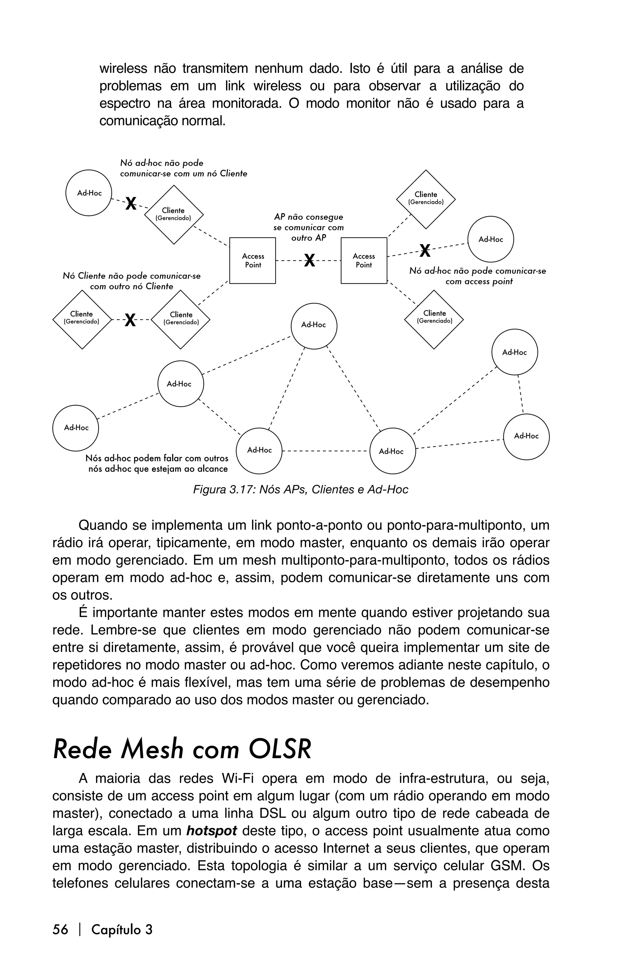 wireless não transmitem nenhum dado. Isto é útil para a análise de
       problemas em um link wireless ou para observar a utilização do
       espectro na área monitorada. O modo monitor não é usado para a
       comunicação normal.




                      Figura 3.17: Nós APs, Clientes e Ad-Hoc


    Quando se implementa um link ponto-a-ponto ou ponto-para-multiponto, um
rádio irá operar, tipicamente, em modo master, enquanto os demais irão operar
em modo gerenciado. Em um mesh multiponto-para-multiponto, todos os rádios
operam em modo ad-hoc e, assim, podem comunicar-se diretamente uns com
os outros.
    É importante manter estes modos em mente quando estiver projetando sua
rede. Lembre-se que clientes em modo gerenciado não podem comunicar-se
entre si diretamente, assim, é provável que você queira implementar um site de
repetidores no modo master ou ad-hoc. Como veremos adiante neste capítulo, o
modo ad-hoc é mais flexível, mas tem uma série de problemas de desempenho
quando comparado ao uso dos modos master ou gerenciado.


Rede Mesh com OLSR
     A maioria das redes Wi-Fi opera em modo de infra-estrutura, ou seja,
consiste de um access point em algum lugar (com um rádio operando em modo
master), conectado a uma linha DSL ou algum outro tipo de rede cabeada de
larga escala. Em um hotspot deste tipo, o access point usualmente atua como
uma estação master, distribuindo o acesso Internet a seus clientes, que operam
em modo gerenciado. Esta topologia é similar a um serviço celular GSM. Os
telefones celulares conectam-se a uma estação base—sem a presença desta


56  Capítulo 3
 