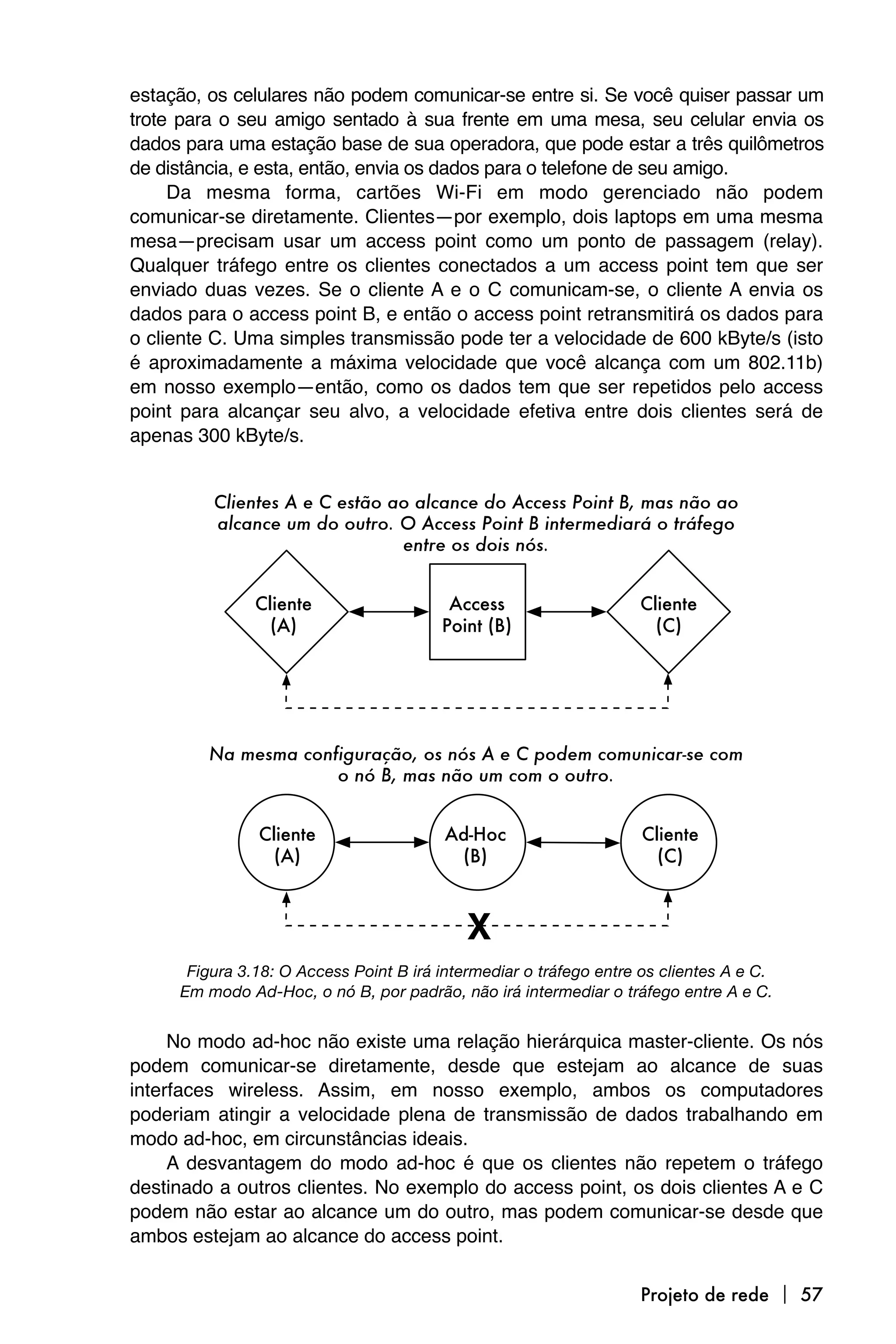 estação, os celulares não podem comunicar-se entre si. Se você quiser passar um
trote para o seu amigo sentado à sua frente em uma mesa, seu celular envia os
dados para uma estação base de sua operadora, que pode estar a três quilômetros
de distância, e esta, então, envia os dados para o telefone de seu amigo.
     Da mesma forma, cartões Wi-Fi em modo gerenciado não podem
comunicar-se diretamente. Clientes—por exemplo, dois laptops em uma mesma
mesa—precisam usar um access point como um ponto de passagem (relay).
Qualquer tráfego entre os clientes conectados a um access point tem que ser
enviado duas vezes. Se o cliente A e o C comunicam-se, o cliente A envia os
dados para o access point B, e então o access point retransmitirá os dados para
o cliente C. Uma simples transmissão pode ter a velocidade de 600 kByte/s (isto
é aproximadamente a máxima velocidade que você alcança com um 802.11b)
em nosso exemplo—então, como os dados tem que ser repetidos pelo access
point para alcançar seu alvo, a velocidade efetiva entre dois clientes será de
apenas 300 kByte/s.




      Figura 3.18: O Access Point B irá intermediar o tráfego entre os clientes A e C.
     Em modo Ad-Hoc, o nó B, por padrão, não irá intermediar o tráfego entre A e C.


     No modo ad-hoc não existe uma relação hierárquica master-cliente. Os nós
podem comunicar-se diretamente, desde que estejam ao alcance de suas
interfaces wireless. Assim, em nosso exemplo, ambos os computadores
poderiam atingir a velocidade plena de transmissão de dados trabalhando em
modo ad-hoc, em circunstâncias ideais.
     A desvantagem do modo ad-hoc é que os clientes não repetem o tráfego
destinado a outros clientes. No exemplo do access point, os dois clientes A e C
podem não estar ao alcance um do outro, mas podem comunicar-se desde que
ambos estejam ao alcance do access point.


                                                                   Projeto de rede  57
 
