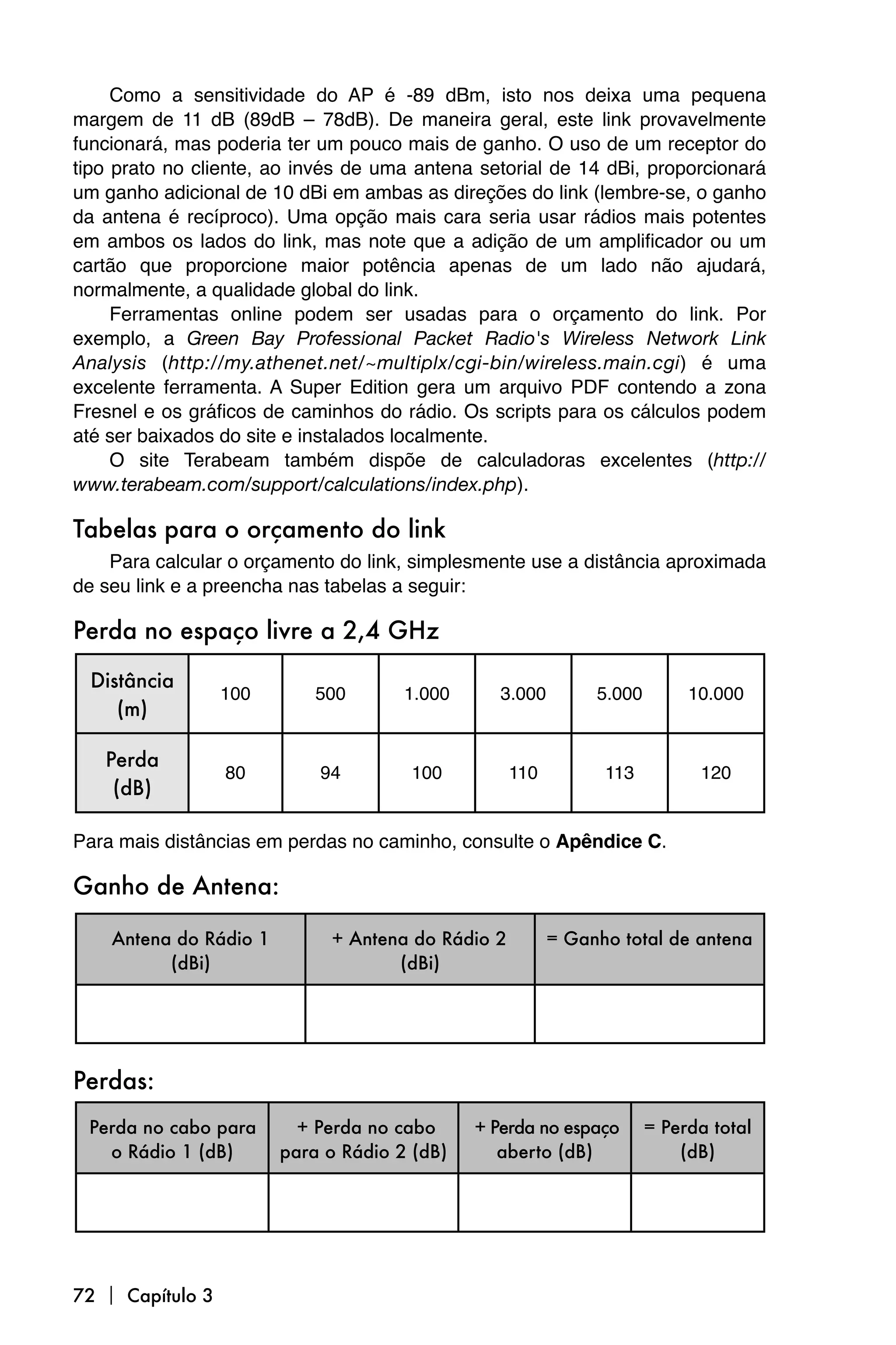 Como a sensitividade do AP é -89 dBm, isto nos deixa uma pequena
margem de 11 dB (89dB – 78dB). De maneira geral, este link provavelmente
funcionará, mas poderia ter um pouco mais de ganho. O uso de um receptor do
tipo prato no cliente, ao invés de uma antena setorial de 14 dBi, proporcionará
um ganho adicional de 10 dBi em ambas as direções do link (lembre-se, o ganho
da antena é recíproco). Uma opção mais cara seria usar rádios mais potentes
em ambos os lados do link, mas note que a adição de um amplificador ou um
cartão que proporcione maior potência apenas de um lado não ajudará,
normalmente, a qualidade global do link.
     Ferramentas online podem ser usadas para o orçamento do link. Por
exemplo, a Green Bay Professional Packet Radio's Wireless Network Link
Analysis (http://my.athenet.net/~multiplx/cgi-bin/wireless.main.cgi) é uma
excelente ferramenta. A Super Edition gera um arquivo PDF contendo a zona
Fresnel e os gráficos de caminhos do rádio. Os scripts para os cálculos podem
até ser baixados do site e instalados localmente.
     O site Terabeam também dispõe de calculadoras excelentes (http://
www.terabeam.com/support/calculations/index.php).

Tabelas para o orçamento do link
    Para calcular o orçamento do link, simplesmente use a distância aproximada
de seu link e a preencha nas tabelas a seguir:

Perda no espaço livre a 2,4 GHz

 Distância
                  100       500       1.000      3.000        5.000        10.000
    (m)

   Perda
                  80        94        100          110         113          120
    (dB)

Para mais distâncias em perdas no caminho, consulte o Apêndice C.

Ganho de Antena:

    Antena do Rádio 1        + Antena do Rádio 2         = Ganho total de antena
          (dBi)                     (dBi)




Perdas:
 Perda no cabo para       + Perda no cabo     + Perda no espaço       = Perda total
   o Rádio 1 (dB)       para o Rádio 2 (dB)      aberto (dB)              (dB)




72  Capítulo 3
 