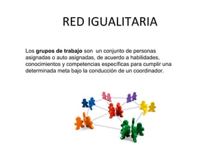 RED IGUALITARIA
Los grupos de trabajo son un conjunto de personas
asignadas o auto asignadas, de acuerdo a habilidades,
conocimientos y competencias específicas para cumplir una
determinada meta bajo la conducción de un coordinador.
 