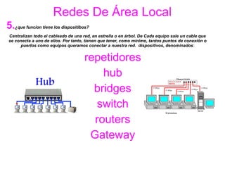 Redes De Área Local
5.¿que funcion tiene los dispositibos?
Centralizan todo el cableado de una red, en estrella o en árbol. De Cada equipo sale un cable que
se conecta a uno de ellos. Por tanto, tienen que tener, como mínimo, tantos puntos de conexión o
puertos como equipos queramos conectar a nuestra red. dispositivos, denominados:
repetidores
hub
bridges
switch
routers
Gateway
 