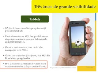 Três áreas de grande visibilidade!


                          Tablets!

•  1/5 dos leitores mundiais pesquisados já
   possui um tablet;!

•  Em todo o mundo, 67% dos participantes
   da pesquisa manifestaram a intenção de
   comprar um tablet, !

•  Os usos mais comuns para tablet são
   navegação web (93%), !

•  Outro uso comum é para jogos, por 53% dos
   Brasileiros pesquisados!

•  66% dos donos de tablets dividem o seu
   equipamento com colegas ou familiares;!     Pesquisa realizada por IDG Global Solutions (IGS)!
                                                                                                    GettyImages!
 