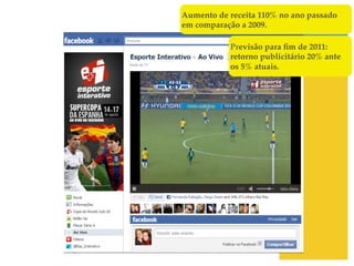Aumento de receita 110% no ano passado
    em comparação a 2009.!
!
!              Previsão para ﬁm de 2011:
               retorno publicitário 20% ante
!              os 5% atuais.!
 