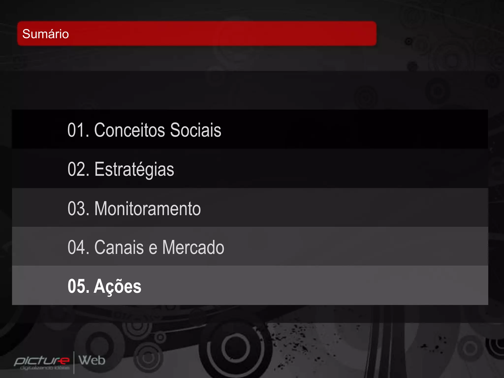 Sumário01. Conceitos Sociais02. Estratégias03. Monitoramento 04. Canais e Mercado05. Ações