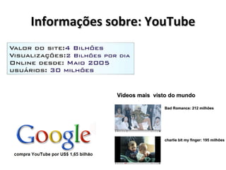 Informações sobre: YouTube Videos mais  visto do mundo Bad Romance: 212 milhões  charlie bit my finger: 195 milhões  
